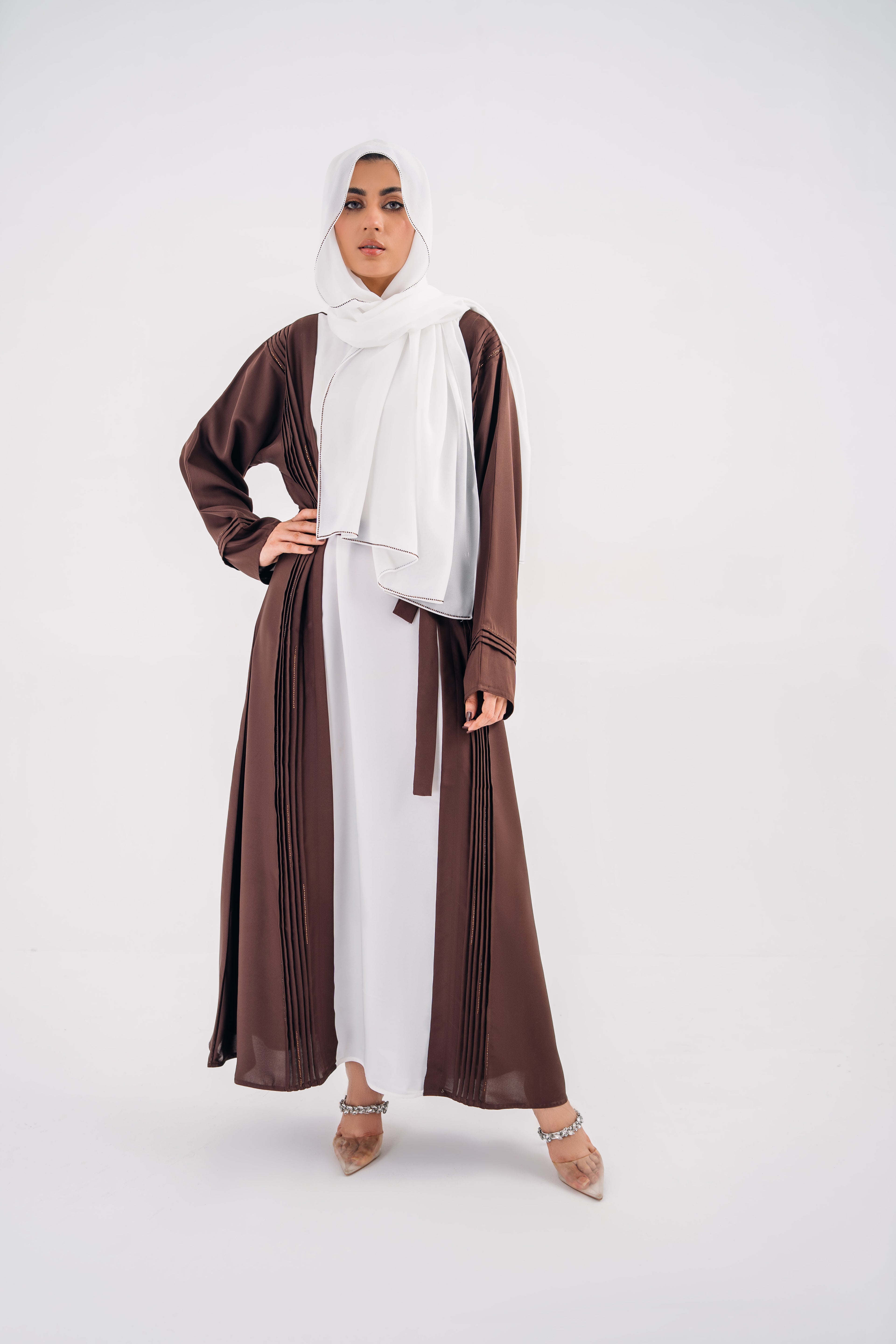 Plated Gown Maxi Abaya with Hijab – White & Brown | Open Style with Belt | Mastoor by KNJ