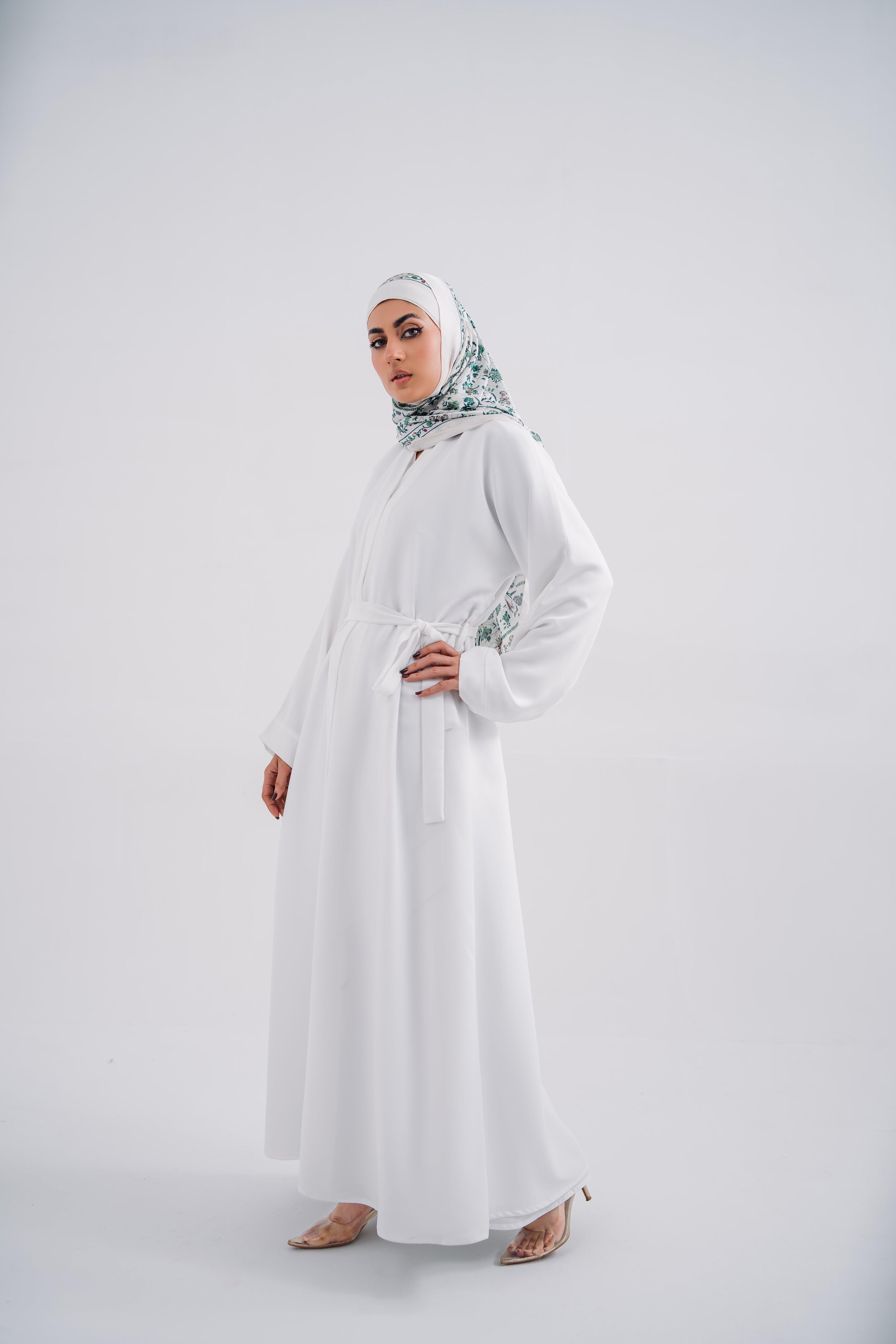 Round Patti White Open Abaya with Belt and Hijab | Elegant Modest Wear | Mastoor by KNJ