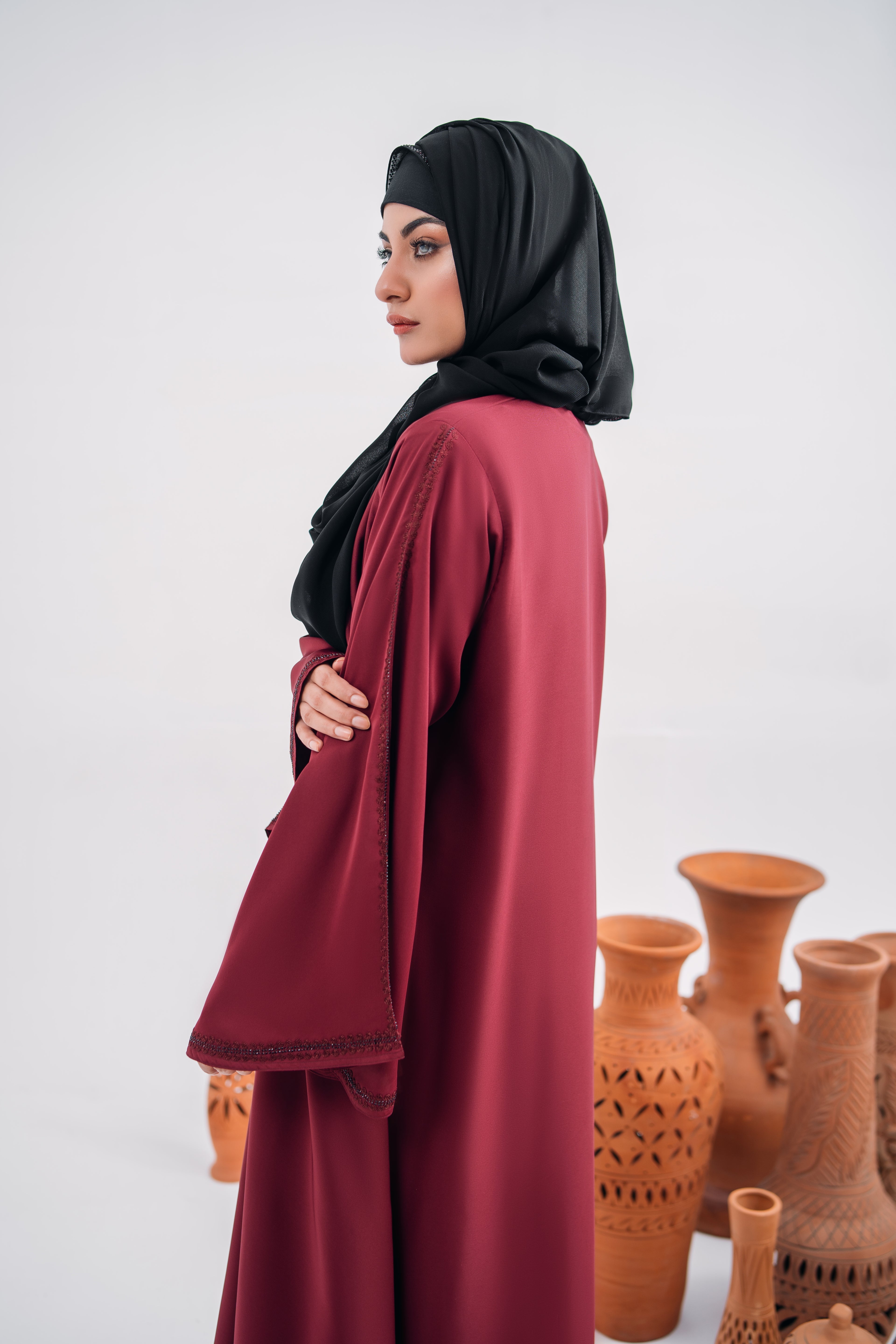 Bell Gown Abaya in Reddish Nida Fabric with Chiffon Hijab | Elegant Open Style | Mastoor by KNJ