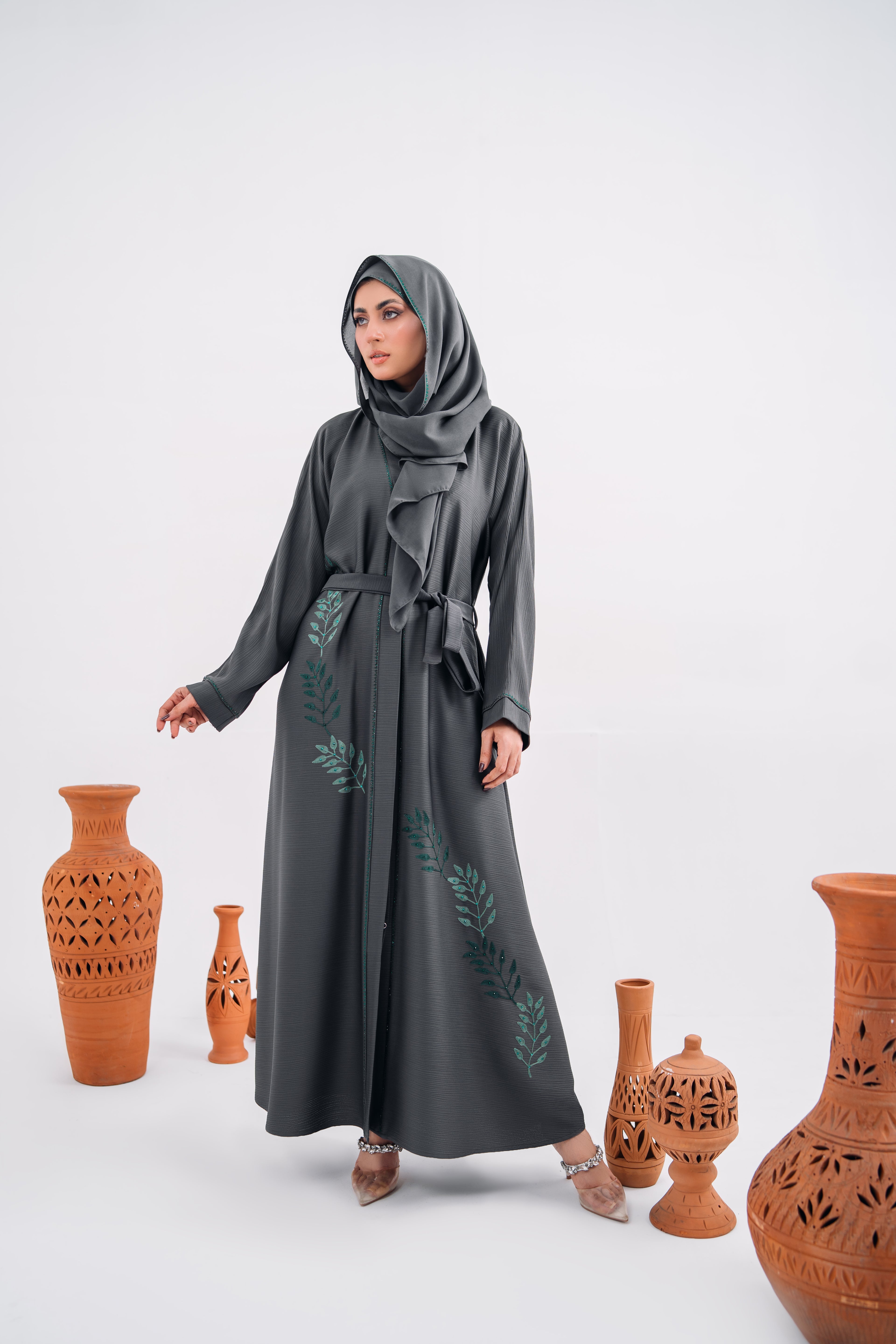 Embroidered Gown Abaya in Gray with Leaf Detailing | Open Style with Belt | Mastoor by KNJ