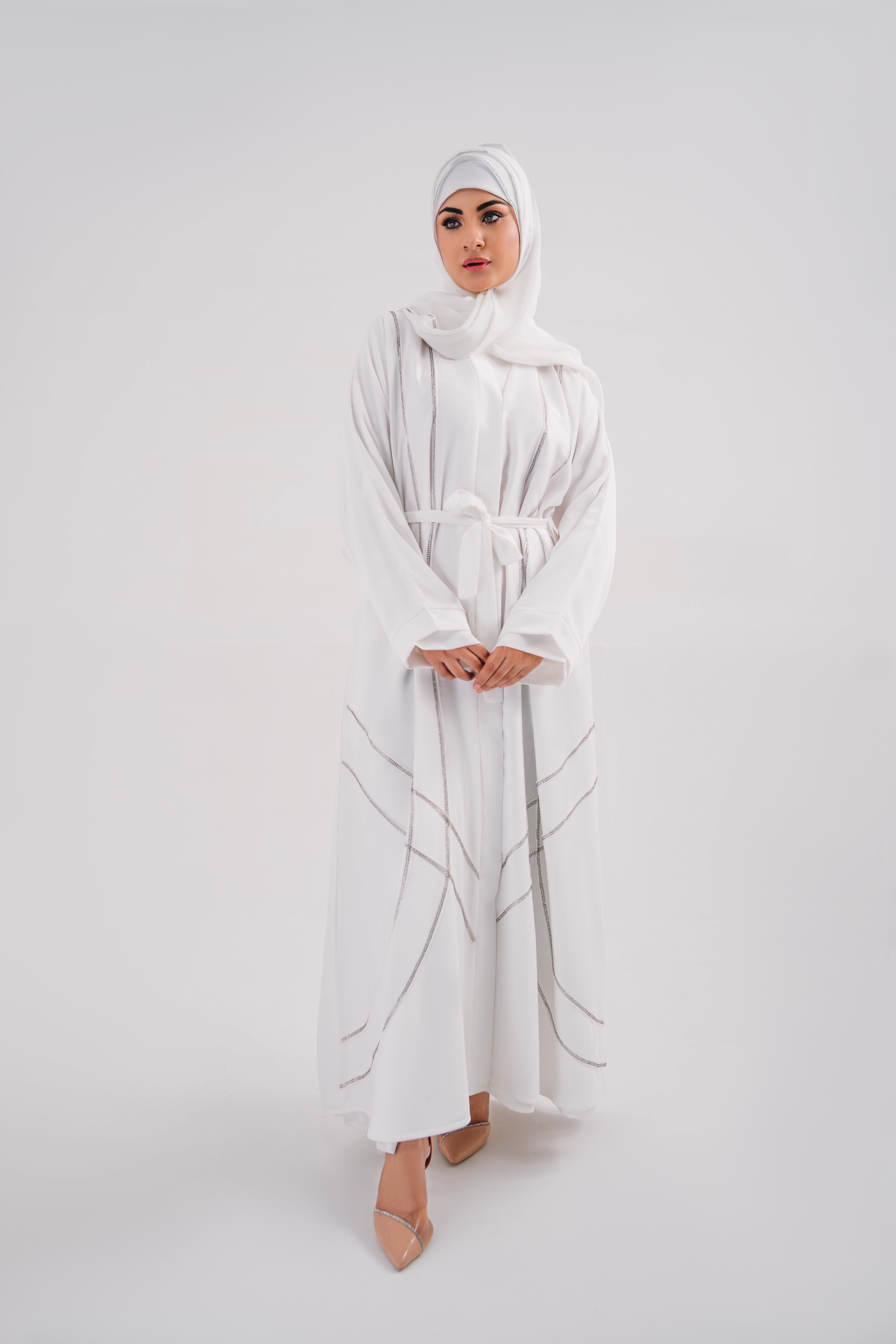 Beeds White Open Abaya with Belt and Chiffon Hijab | Elegant Beaded Detailing | Mastoor by KNJ