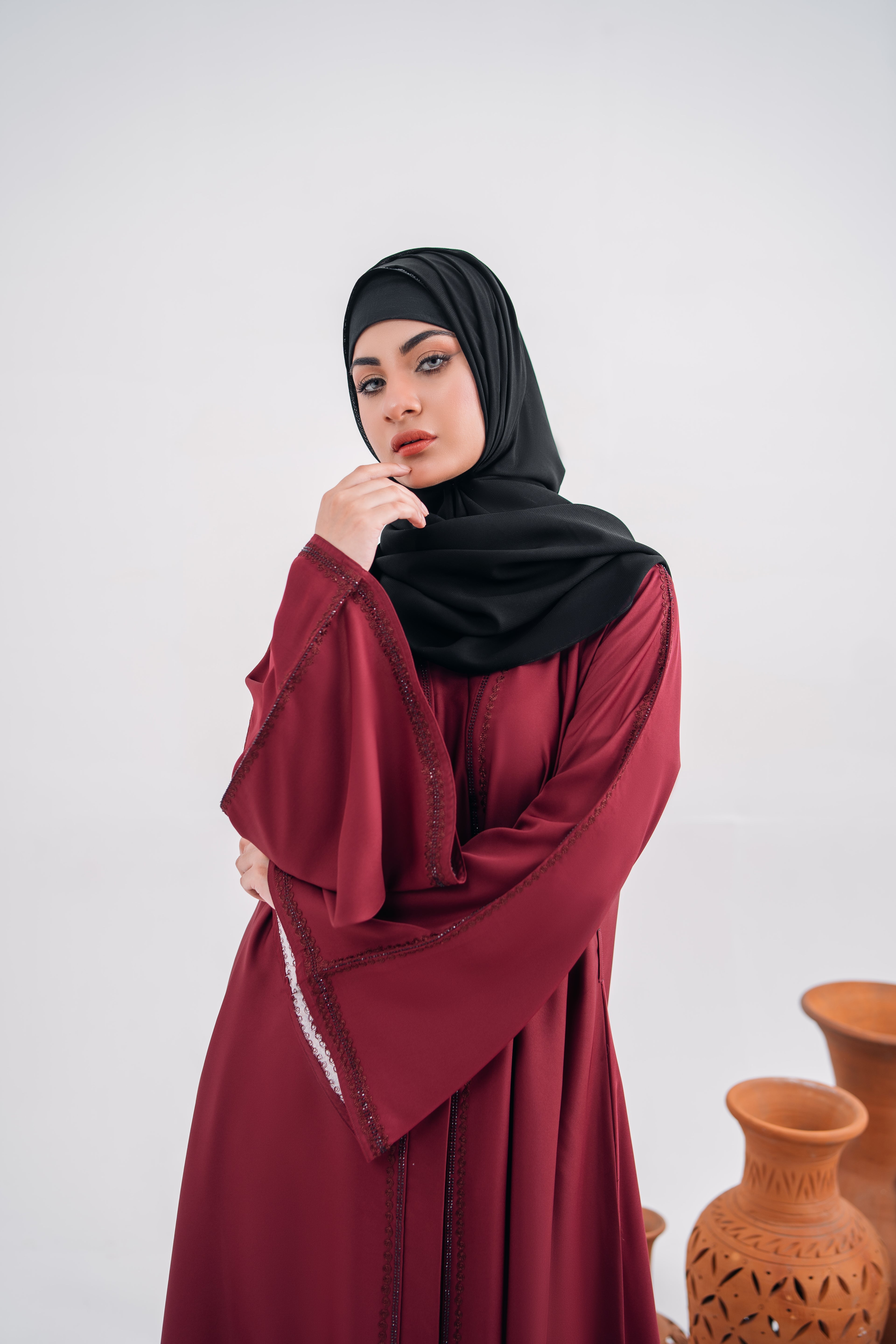 Bell Gown Abaya in Reddish Nida Fabric with Chiffon Hijab | Elegant Open Style | Mastoor by KNJ