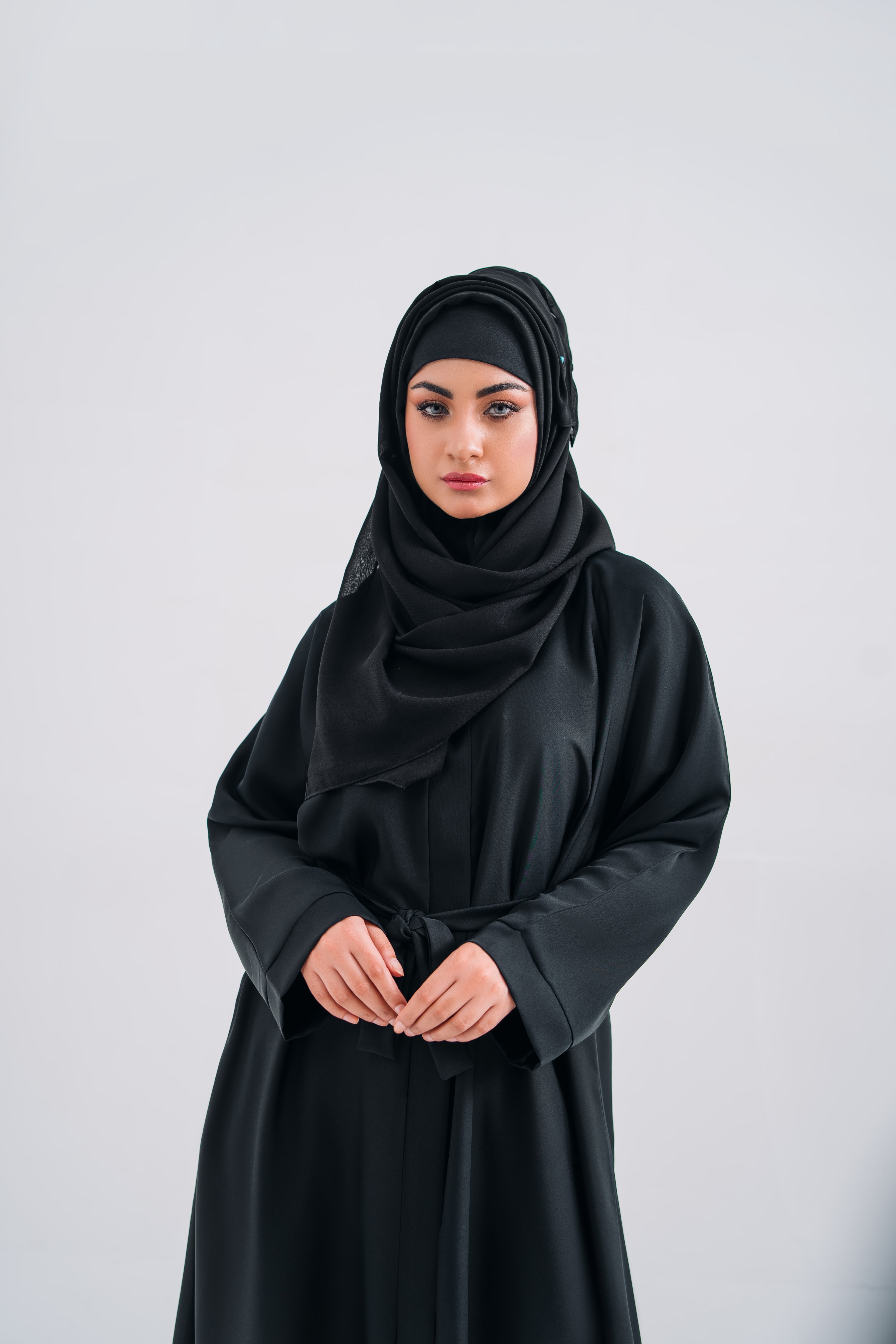 Round Patti Black Open Abaya with Belt and Hijab | Elegant Modest Wear | Mastoor by KNJ