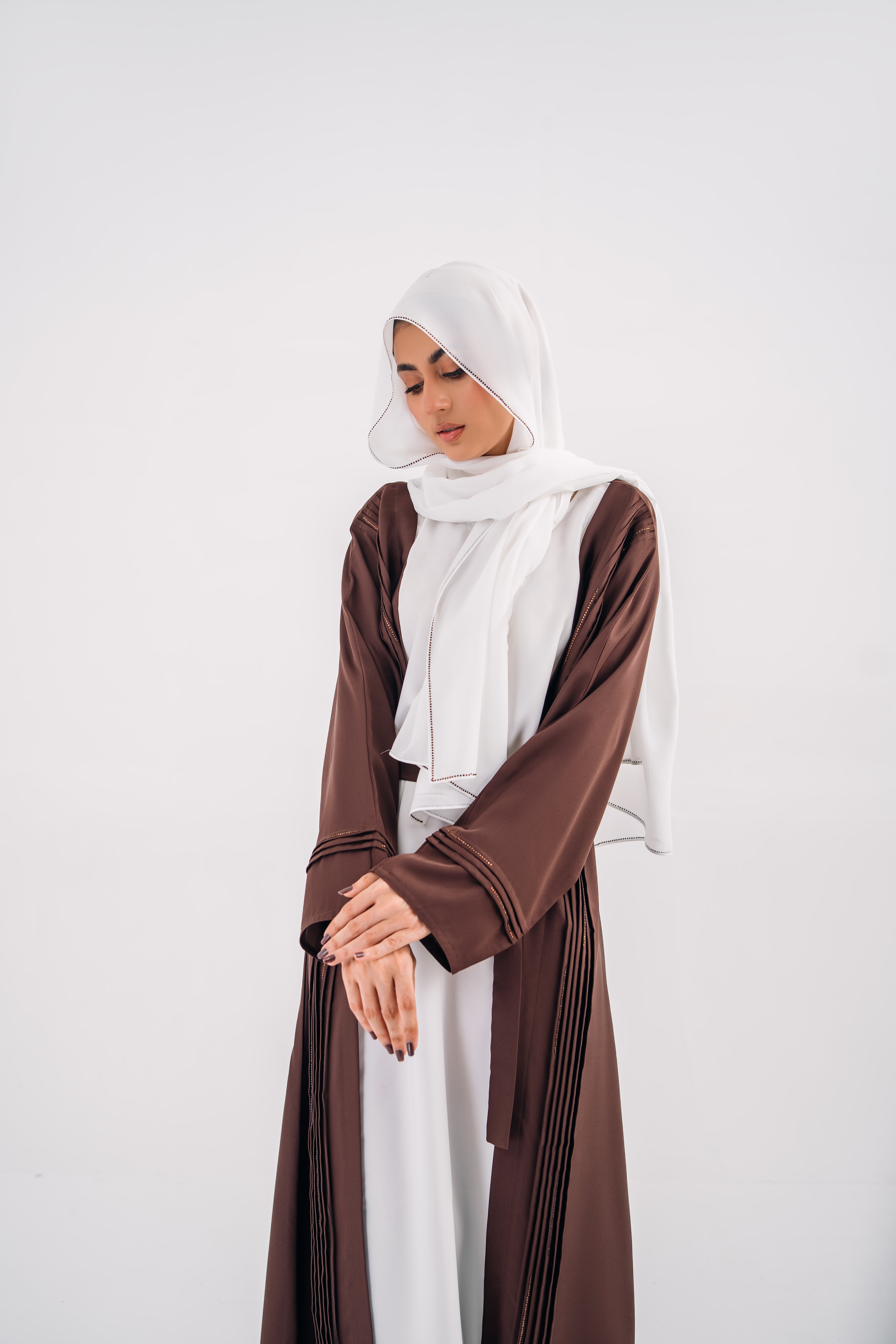 Plated Gown Maxi Abaya with Hijab – White & Brown | Open Style with Belt | Mastoor by KNJ