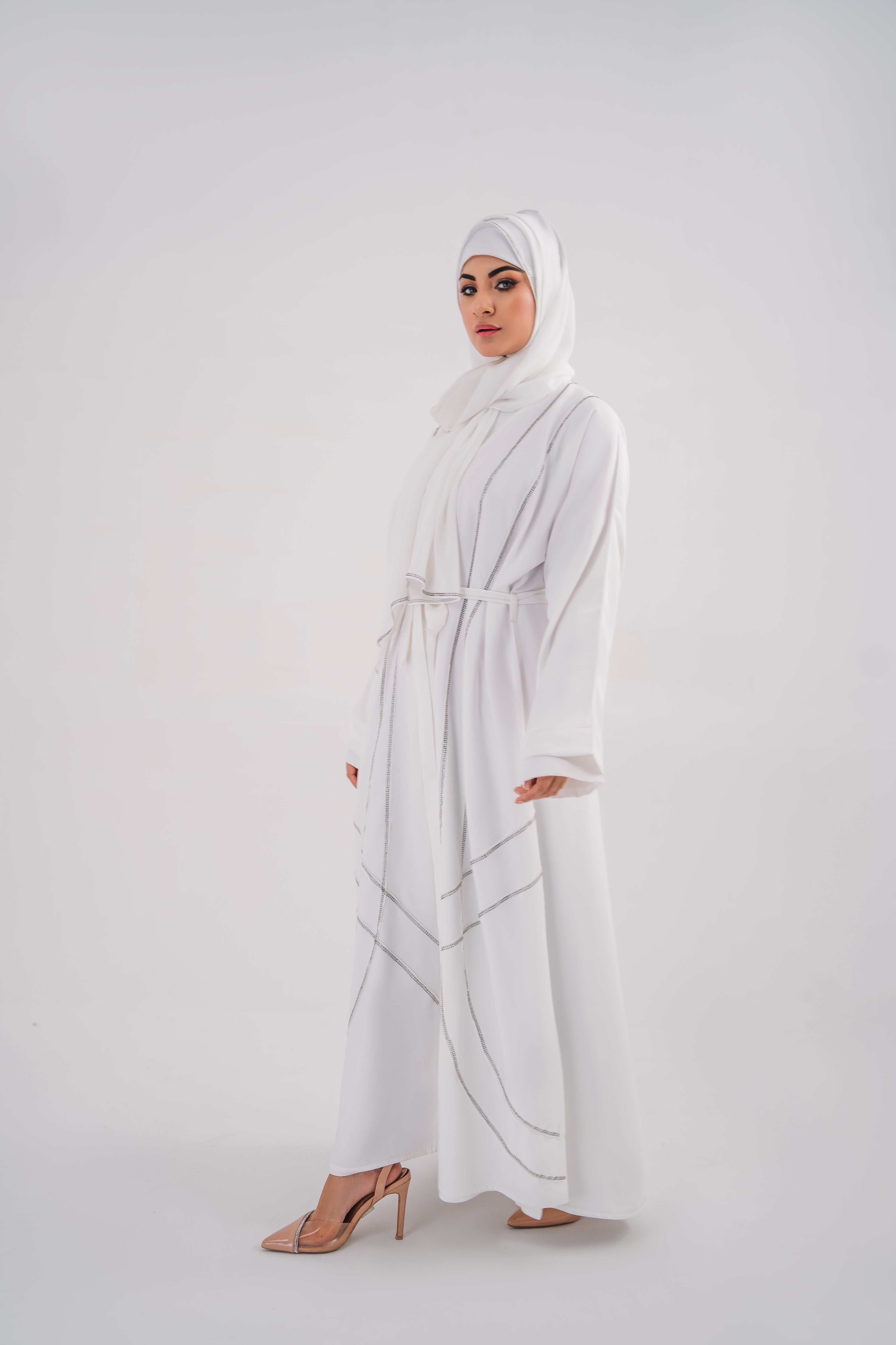 Beeds White Open Abaya with Belt and Chiffon Hijab | Elegant Beaded Detailing | Mastoor by KNJ