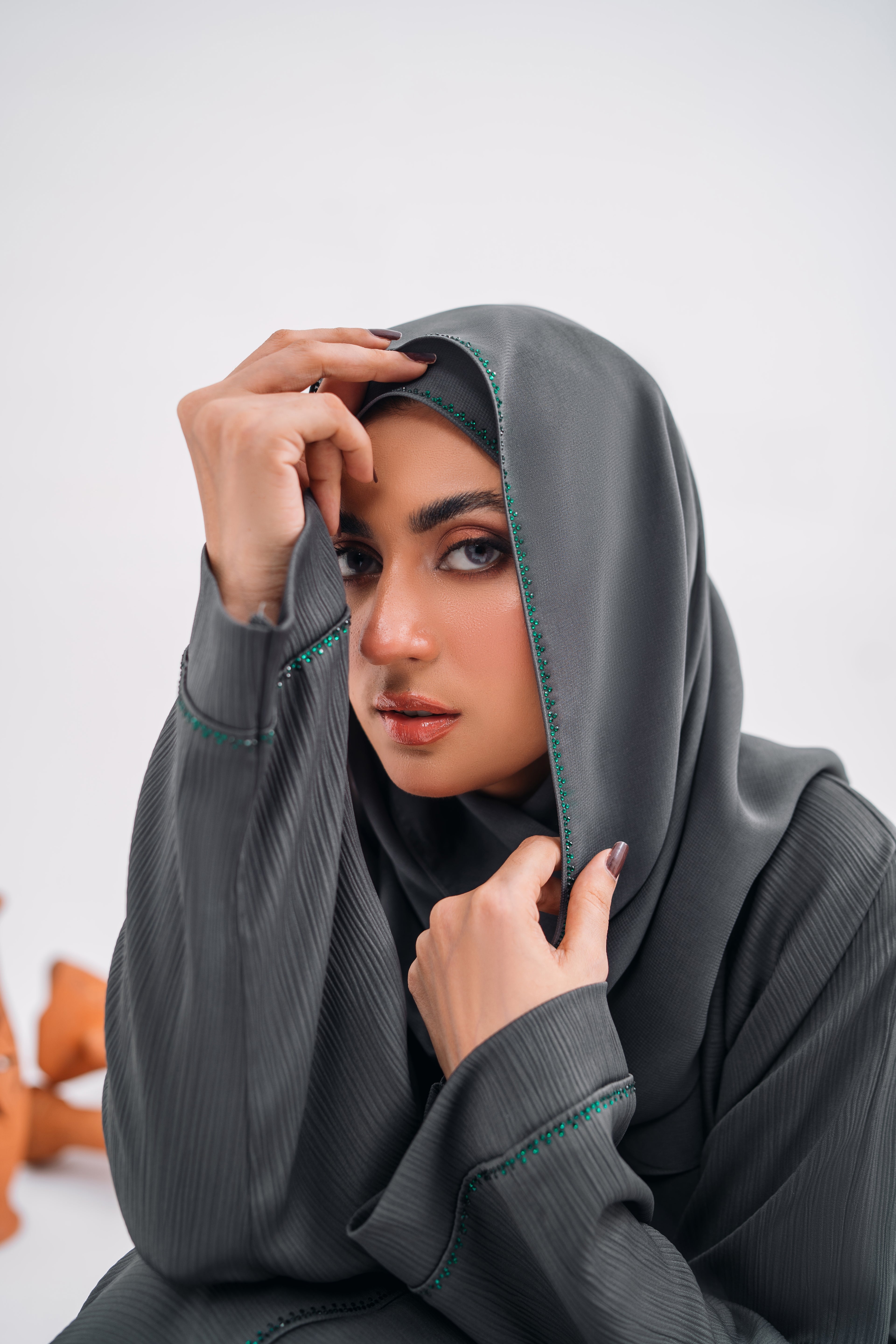 Embroidered Gown Abaya in Gray with Leaf Detailing | Open Style with Belt | Mastoor by KNJ
