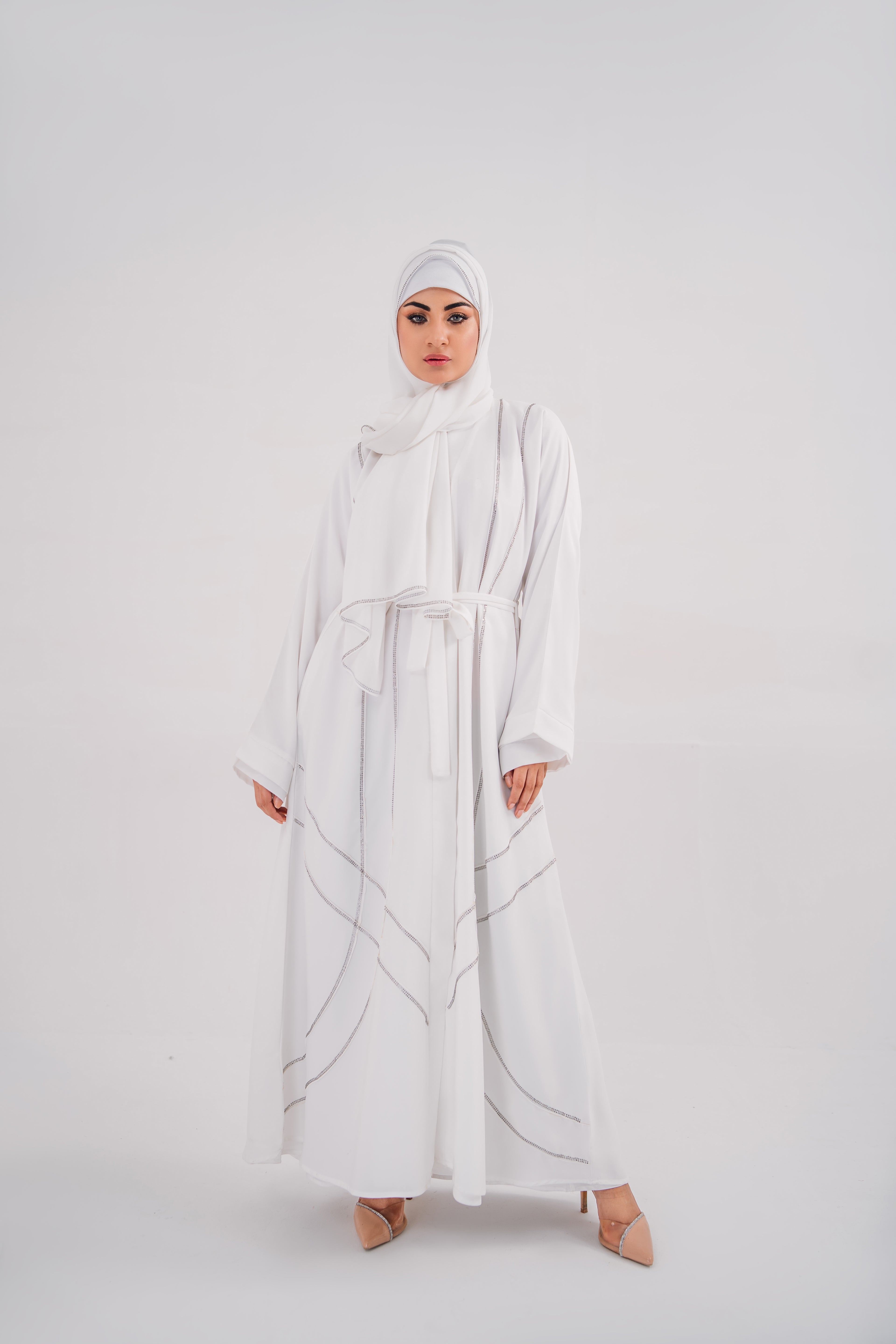 Beeds White Open Abaya with Belt and Chiffon Hijab | Elegant Beaded Detailing | Mastoor by KNJ