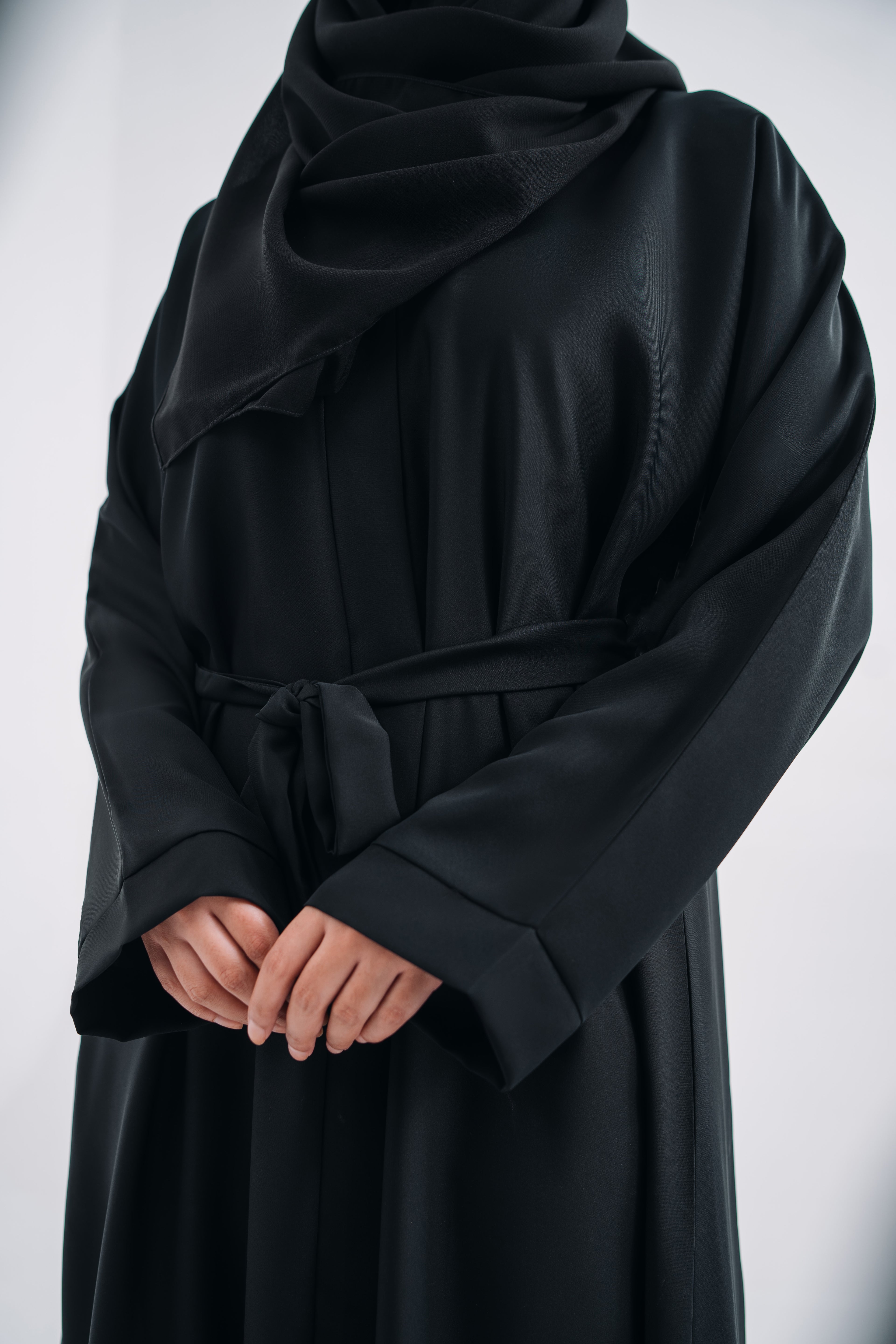 Round Patti Black Open Abaya with Belt and Hijab | Elegant Modest Wear | Mastoor by KNJ