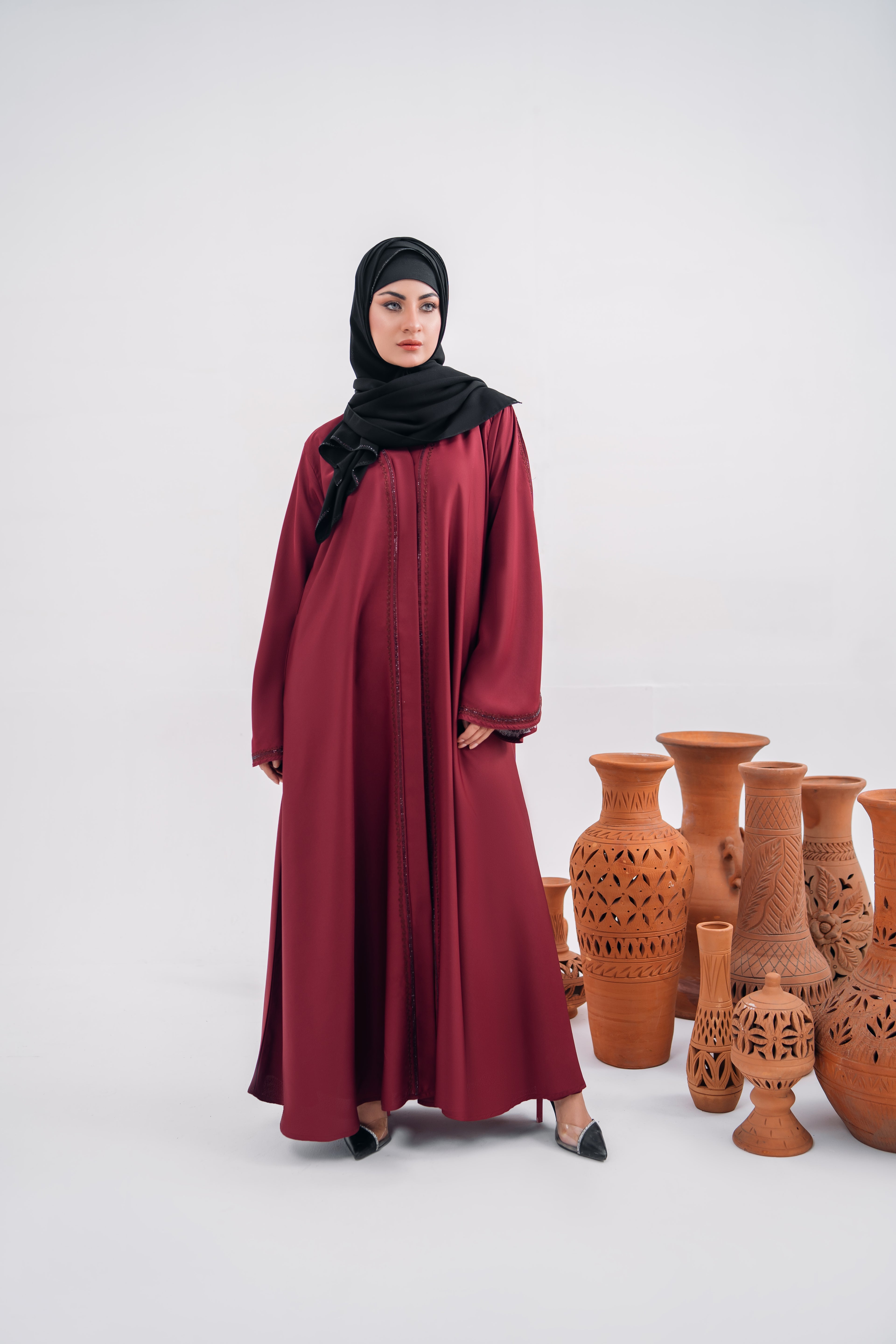 Bell Gown Abaya in Reddish Nida Fabric with Chiffon Hijab | Elegant Open Style | Mastoor by KNJ