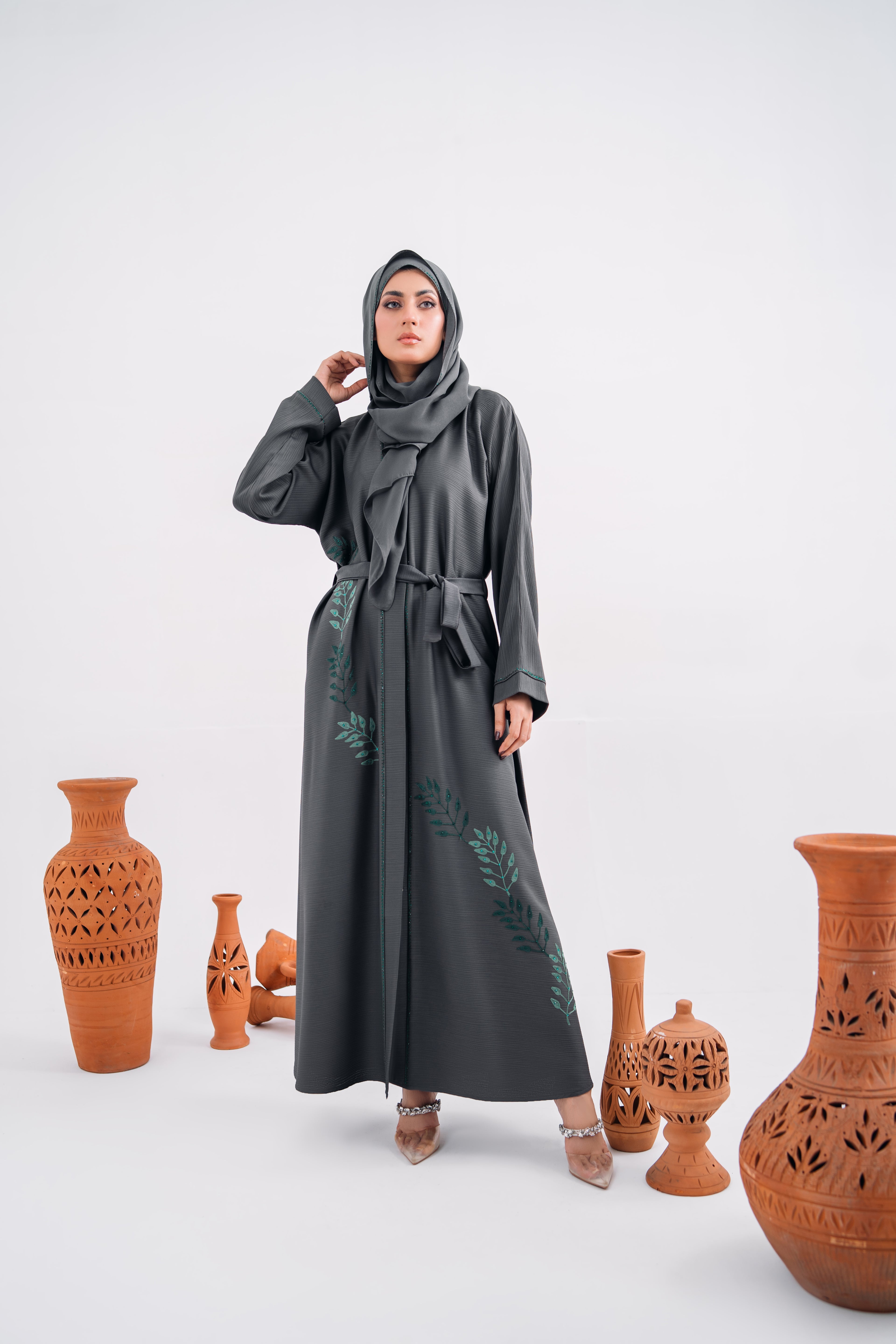 Embroidered Gown Abaya in Gray with Leaf Detailing | Open Style with Belt | Mastoor by KNJ