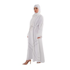 Beeds White Open Abaya with Belt and Chiffon Hijab | Elegant Beaded Detailing | Mastoor by KNJ