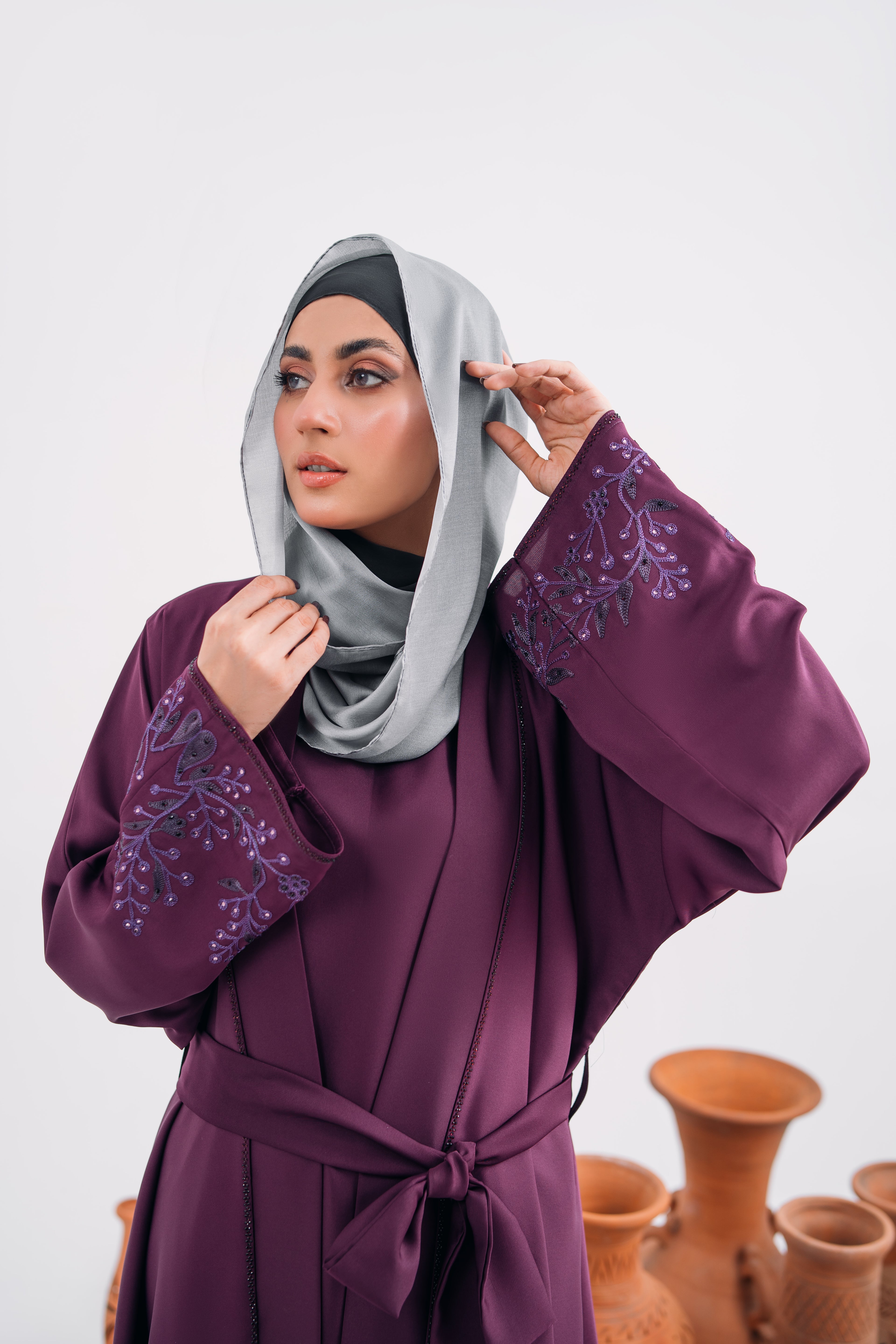Double Gown Abaya with Hijab – Maroonish | Open Sleeveless Style | Mastoor by KNJ