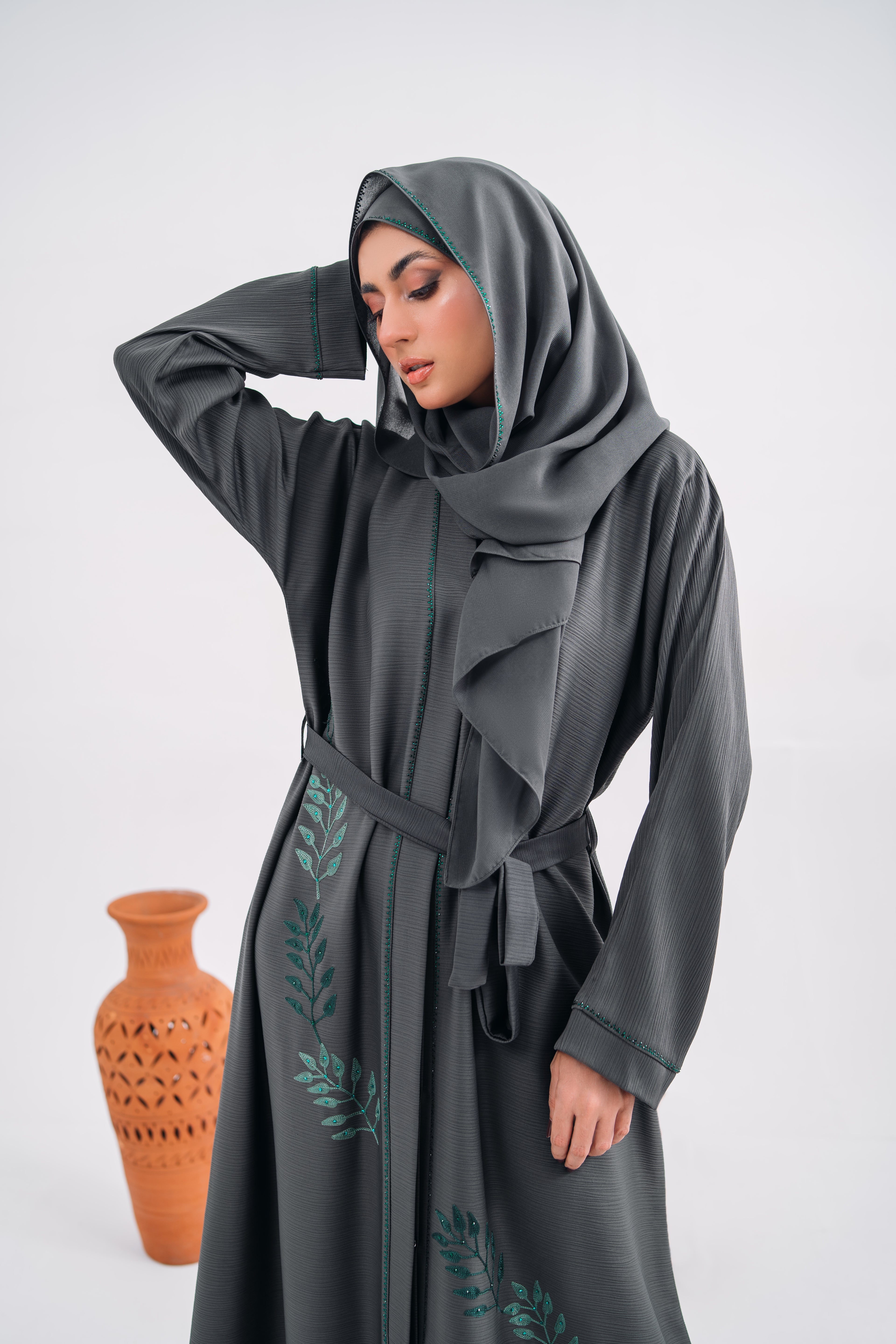 Embroidered Gown Abaya in Gray with Leaf Detailing | Open Style with Belt | Mastoor by KNJ