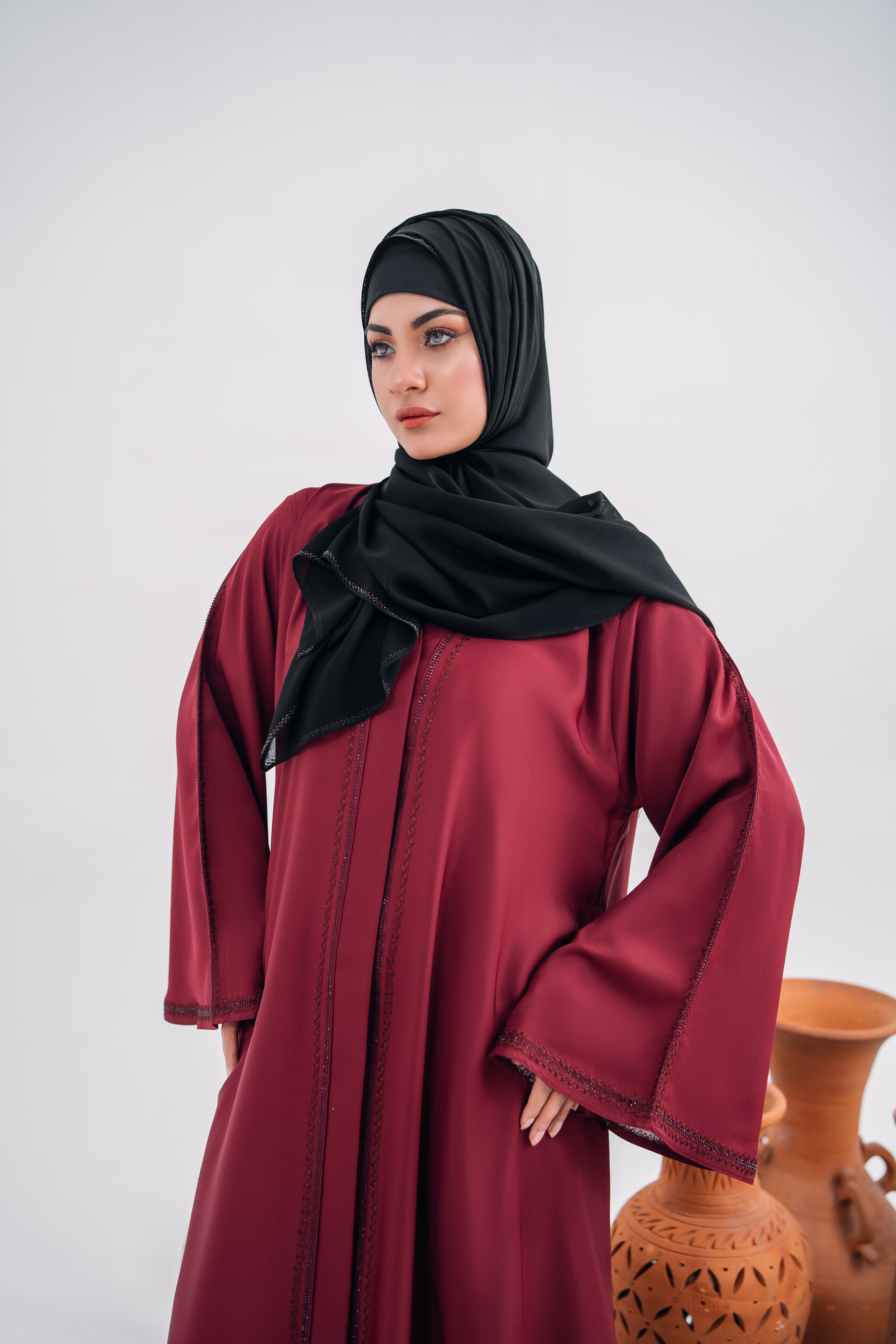 Bell Gown Abaya in Reddish Nida Fabric with Chiffon Hijab | Elegant Open Style | Mastoor by KNJ