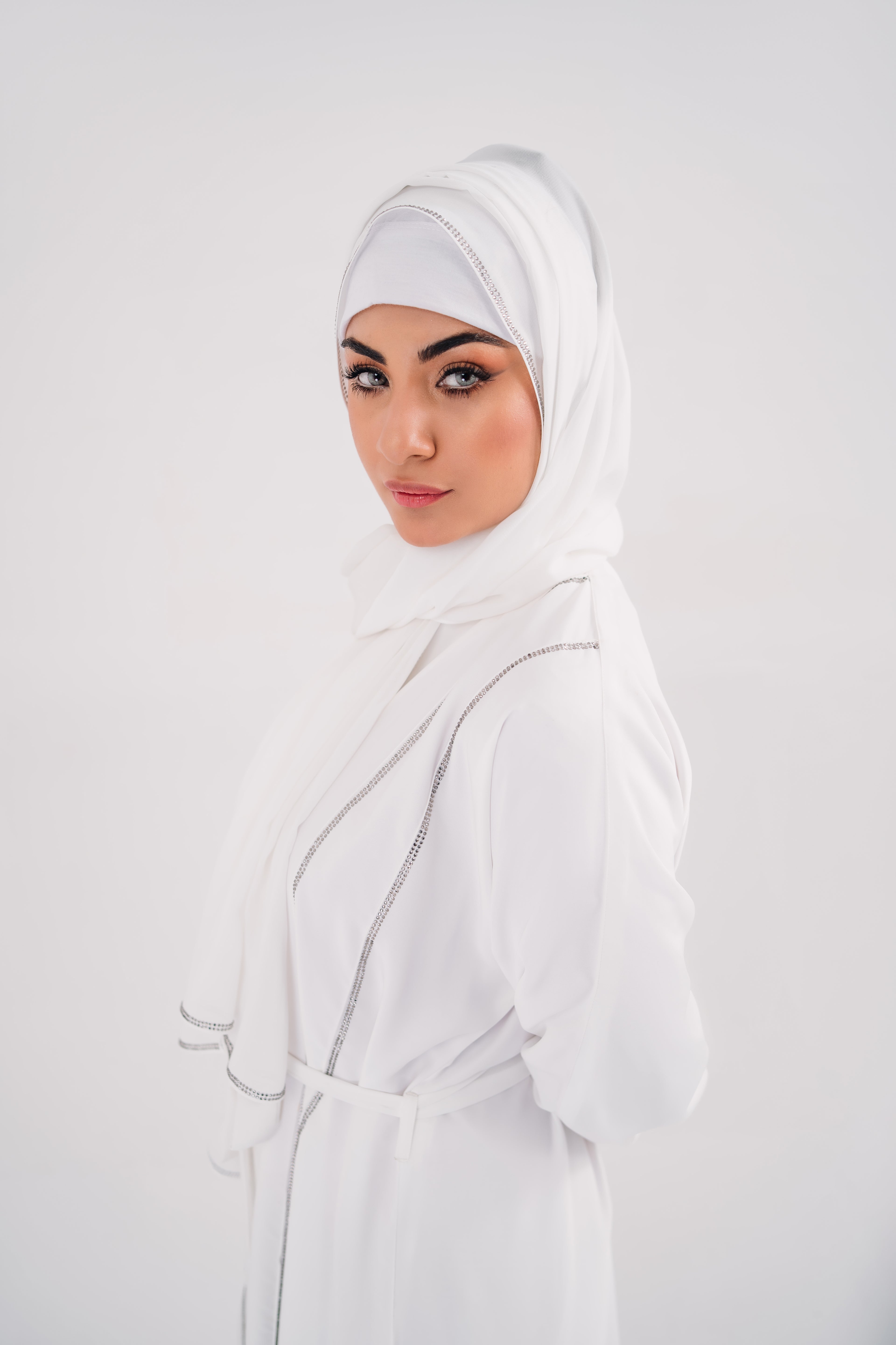Beeds White Open Abaya with Belt and Chiffon Hijab | Elegant Beaded Detailing | Mastoor by KNJ