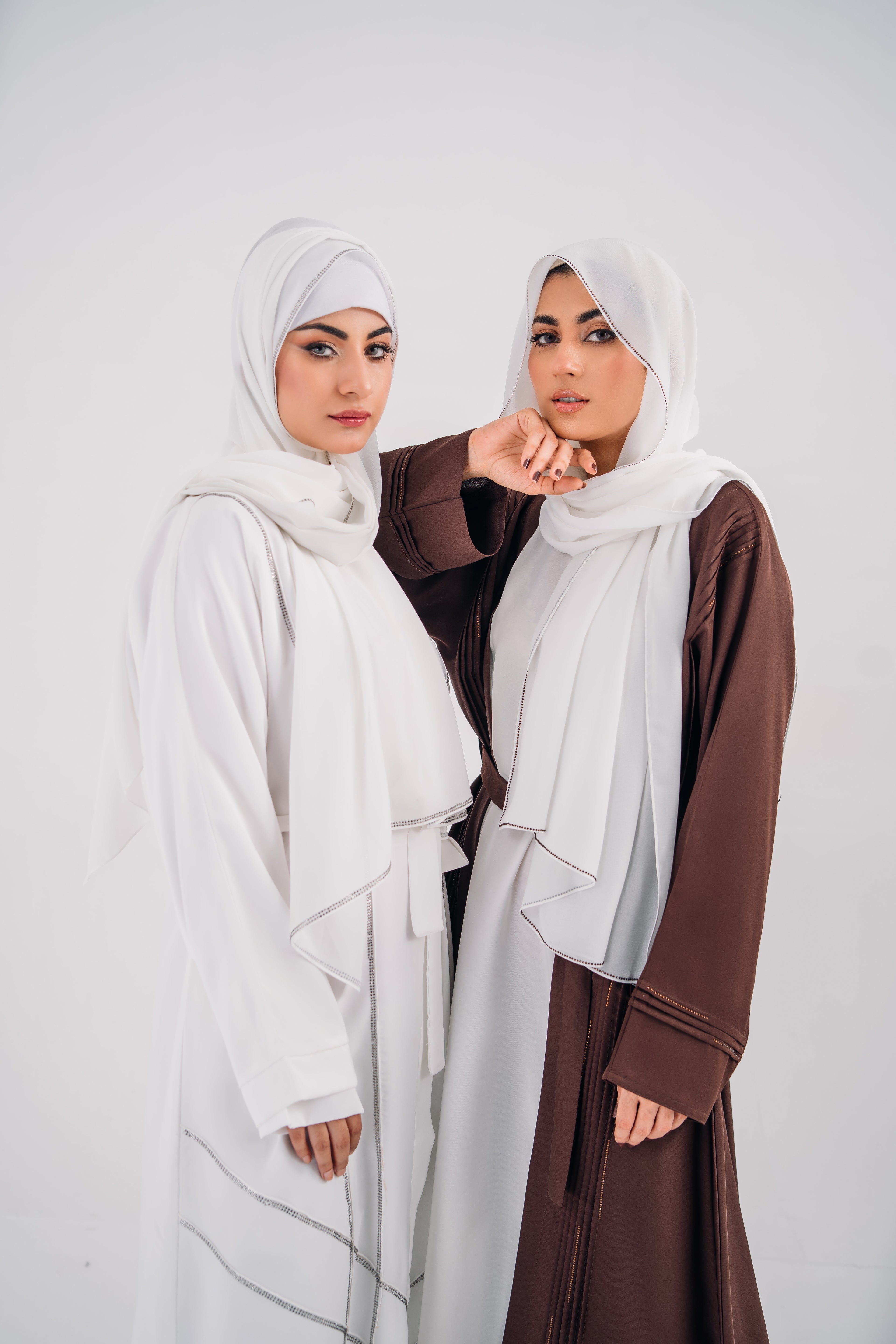 Beeds White Open Abaya with Belt and Chiffon Hijab | Elegant Beaded Detailing | Mastoor by KNJ