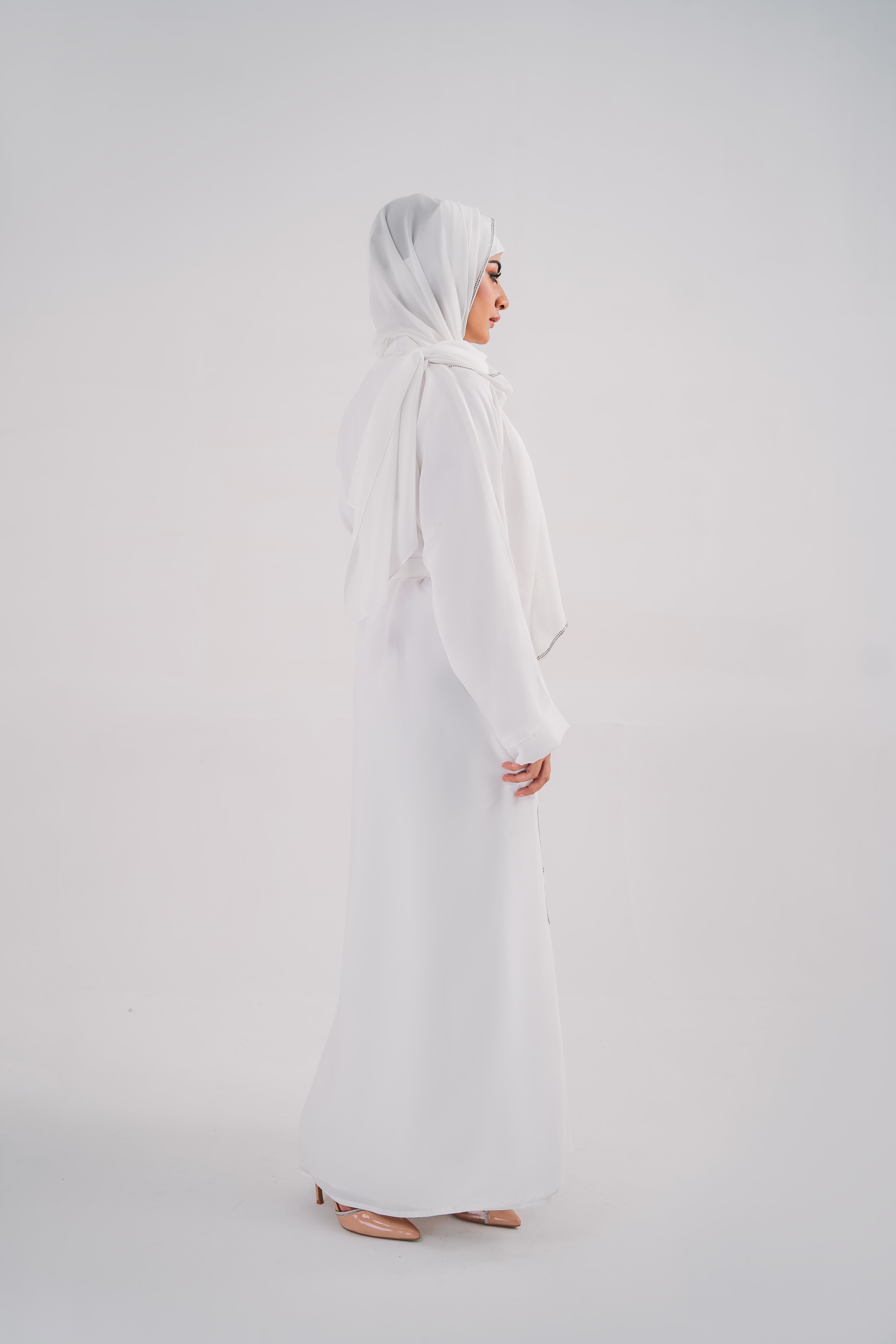 Beeds White Open Abaya with Belt and Chiffon Hijab | Elegant Beaded Detailing | Mastoor by KNJ