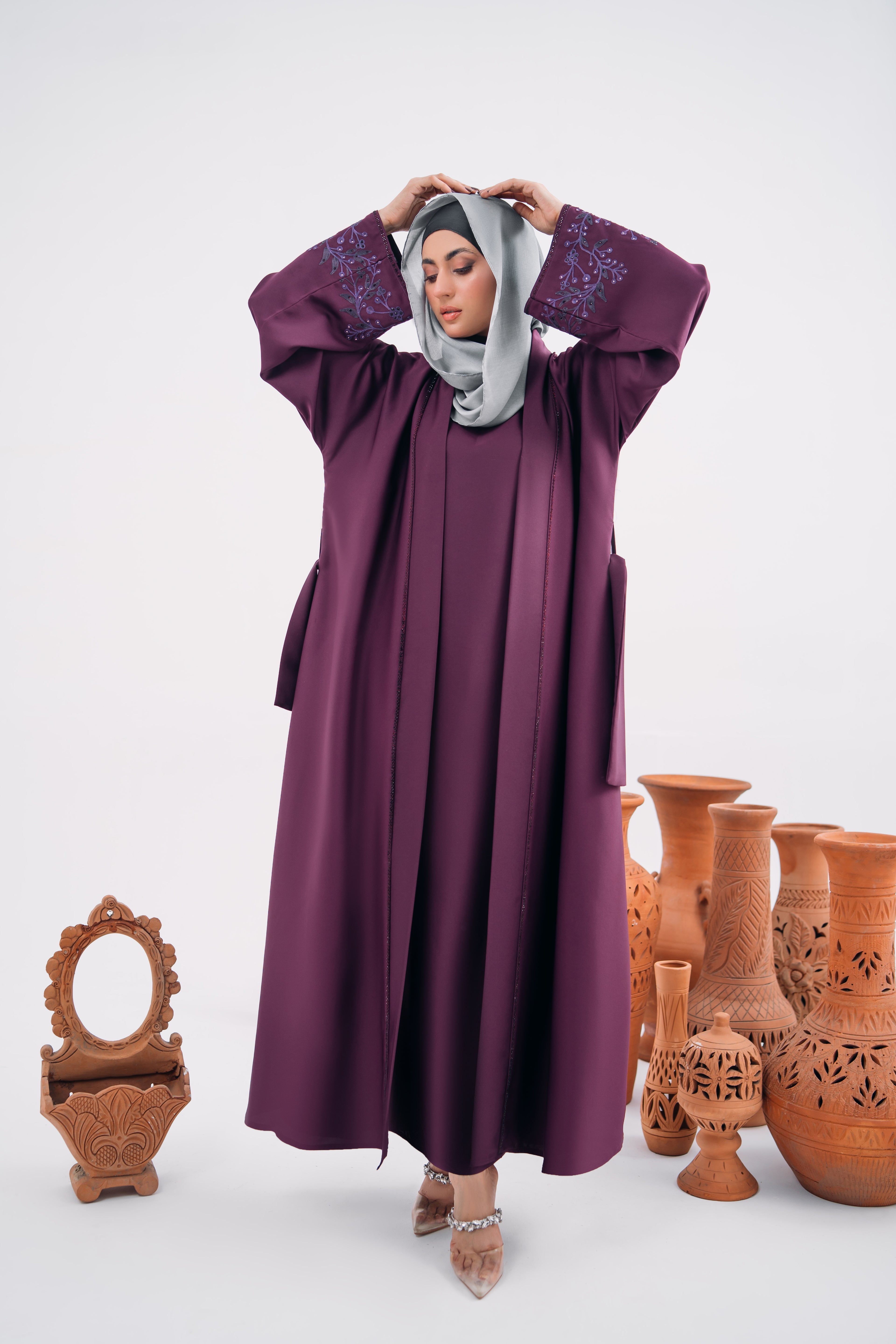 Double Gown Abaya with Hijab – Maroonish | Open Sleeveless Style | Mastoor by KNJ
