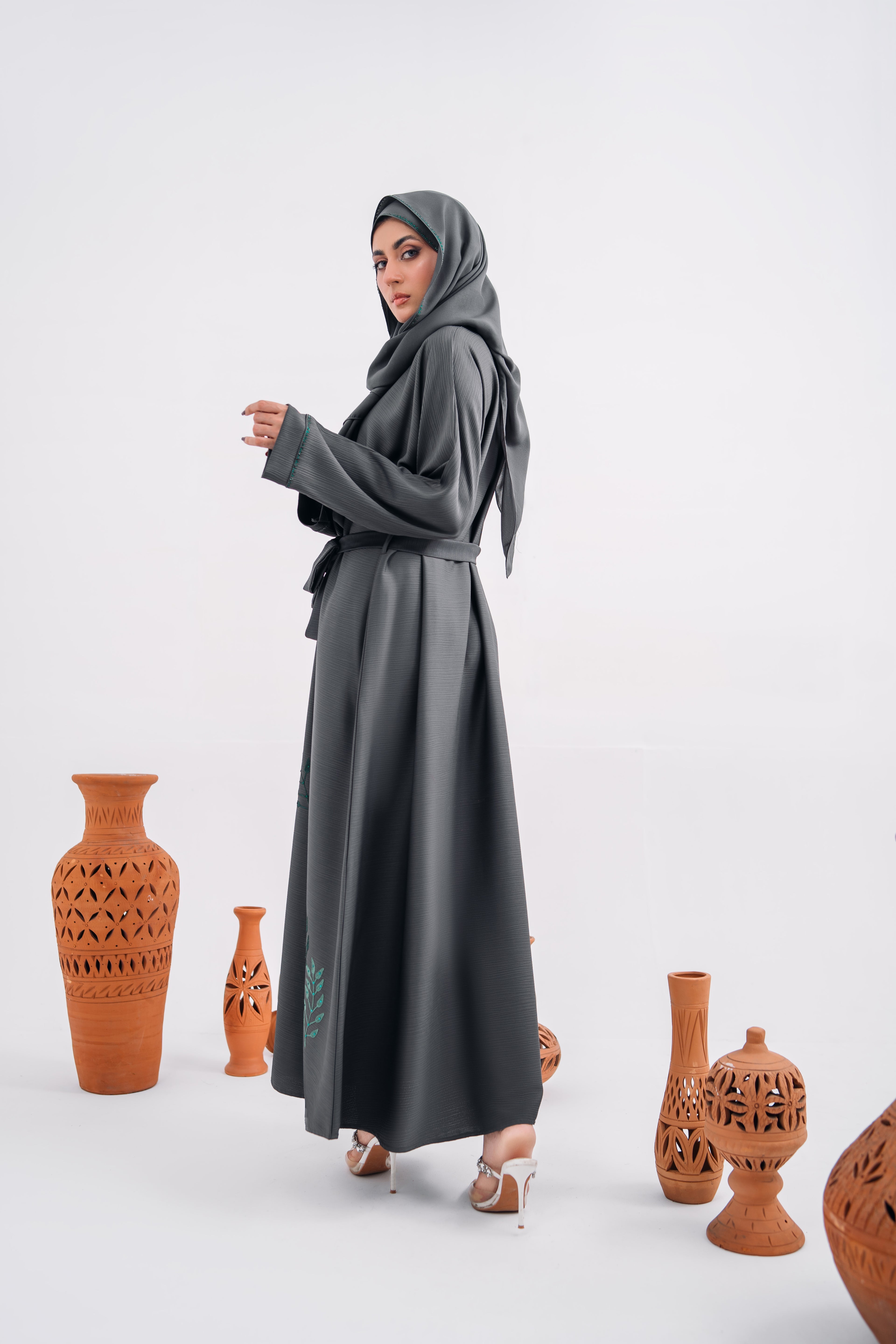 Embroidered Gown Abaya in Gray with Leaf Detailing | Open Style with Belt | Mastoor by KNJ