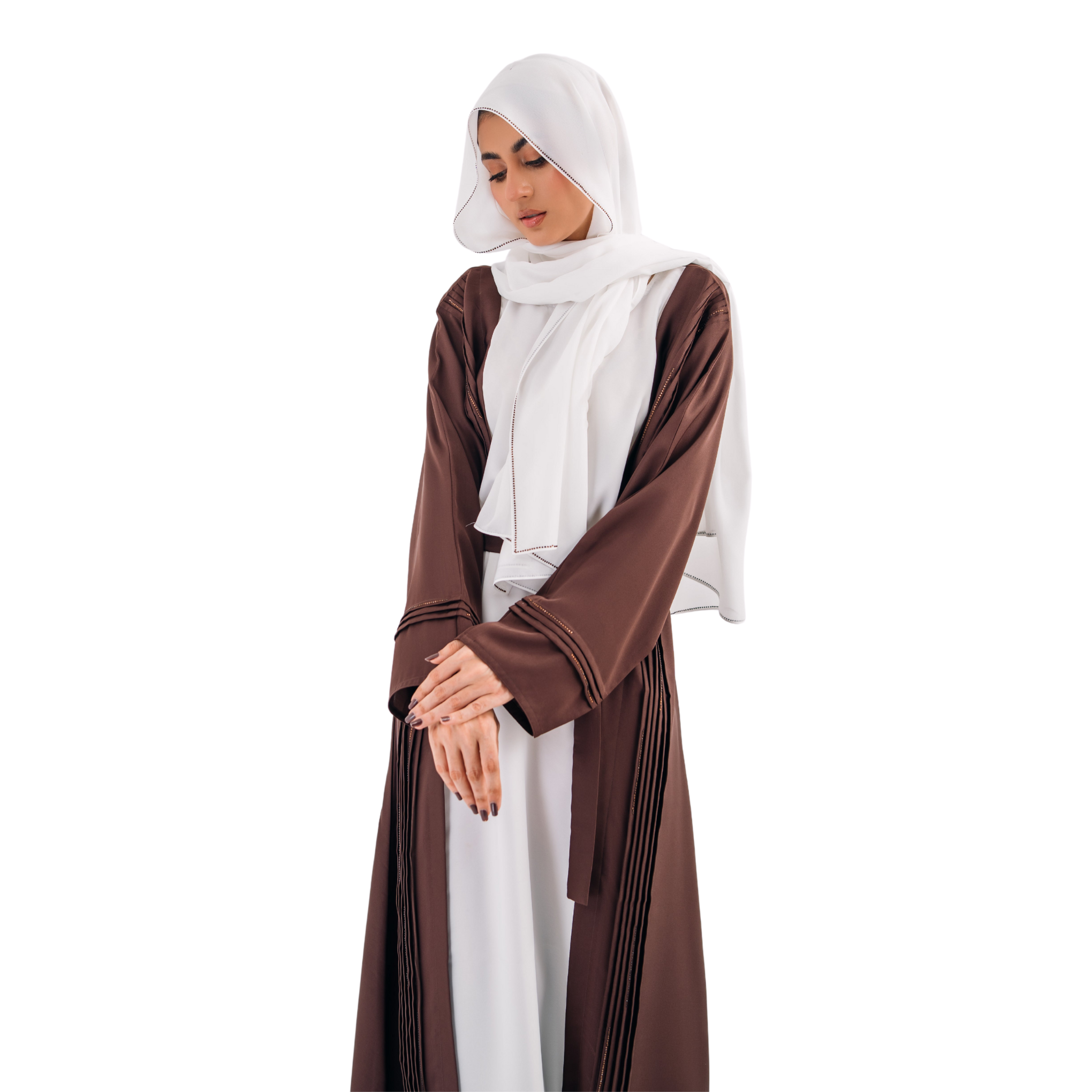 Plated Gown Maxi Abaya with Hijab – White & Brown | Open Style with Belt | Mastoor by KNJ