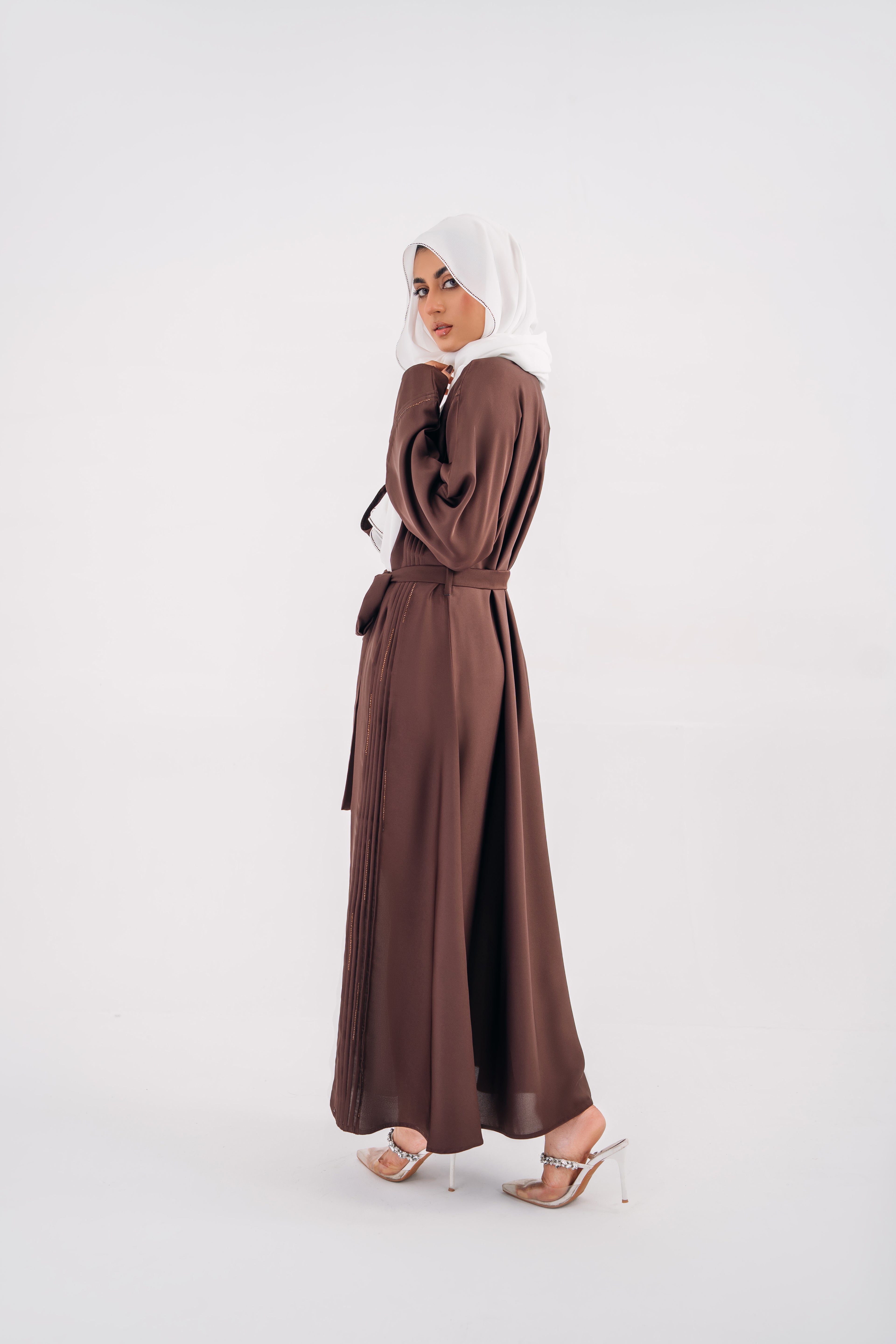 Plated Gown Maxi Abaya with Hijab – White & Brown | Open Style with Belt | Mastoor by KNJ