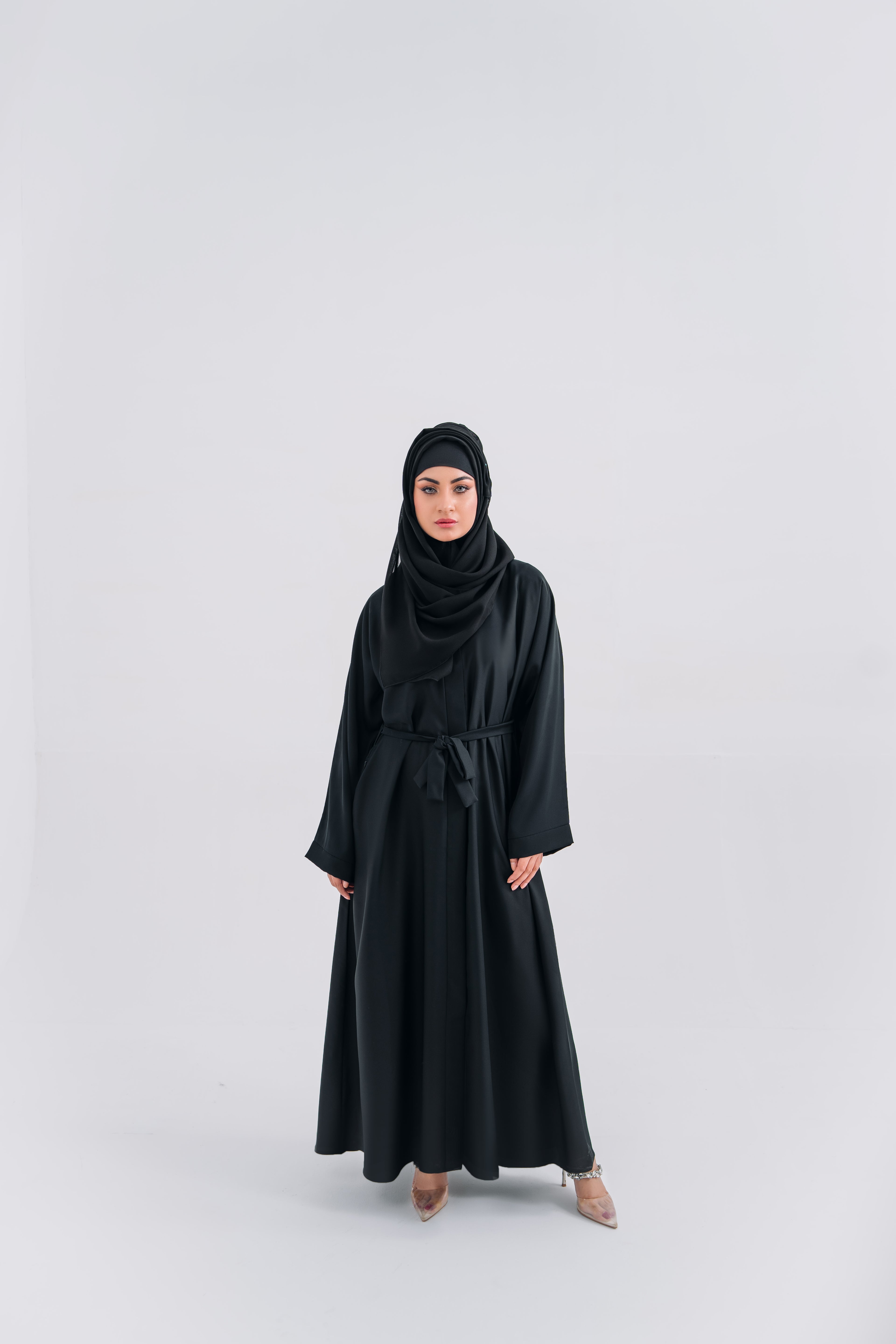 Round Patti Black Open Abaya with Belt and Hijab | Elegant Modest Wear | Mastoor by KNJ