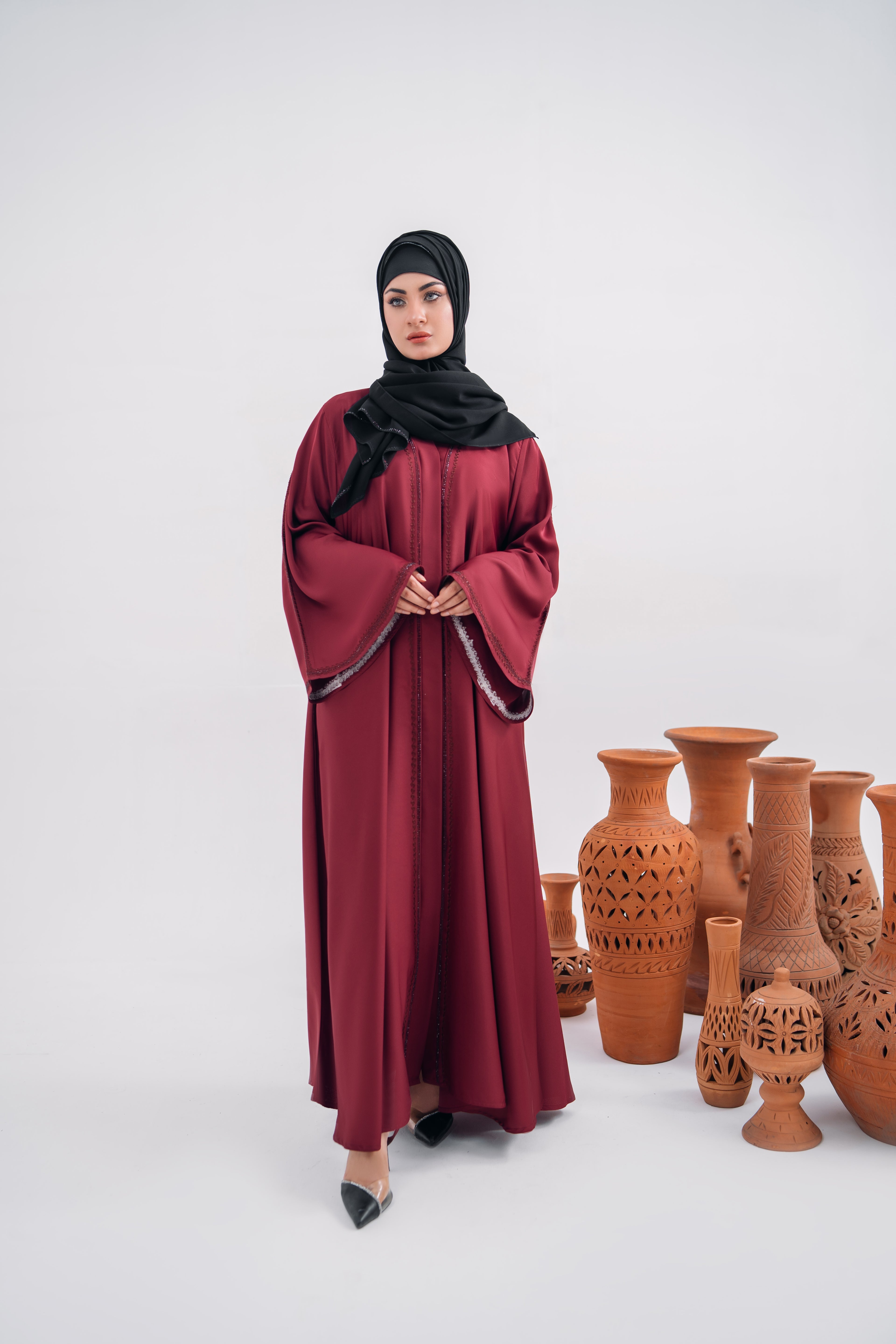 Bell Gown Abaya in Reddish Nida Fabric with Chiffon Hijab | Elegant Open Style | Mastoor by KNJ