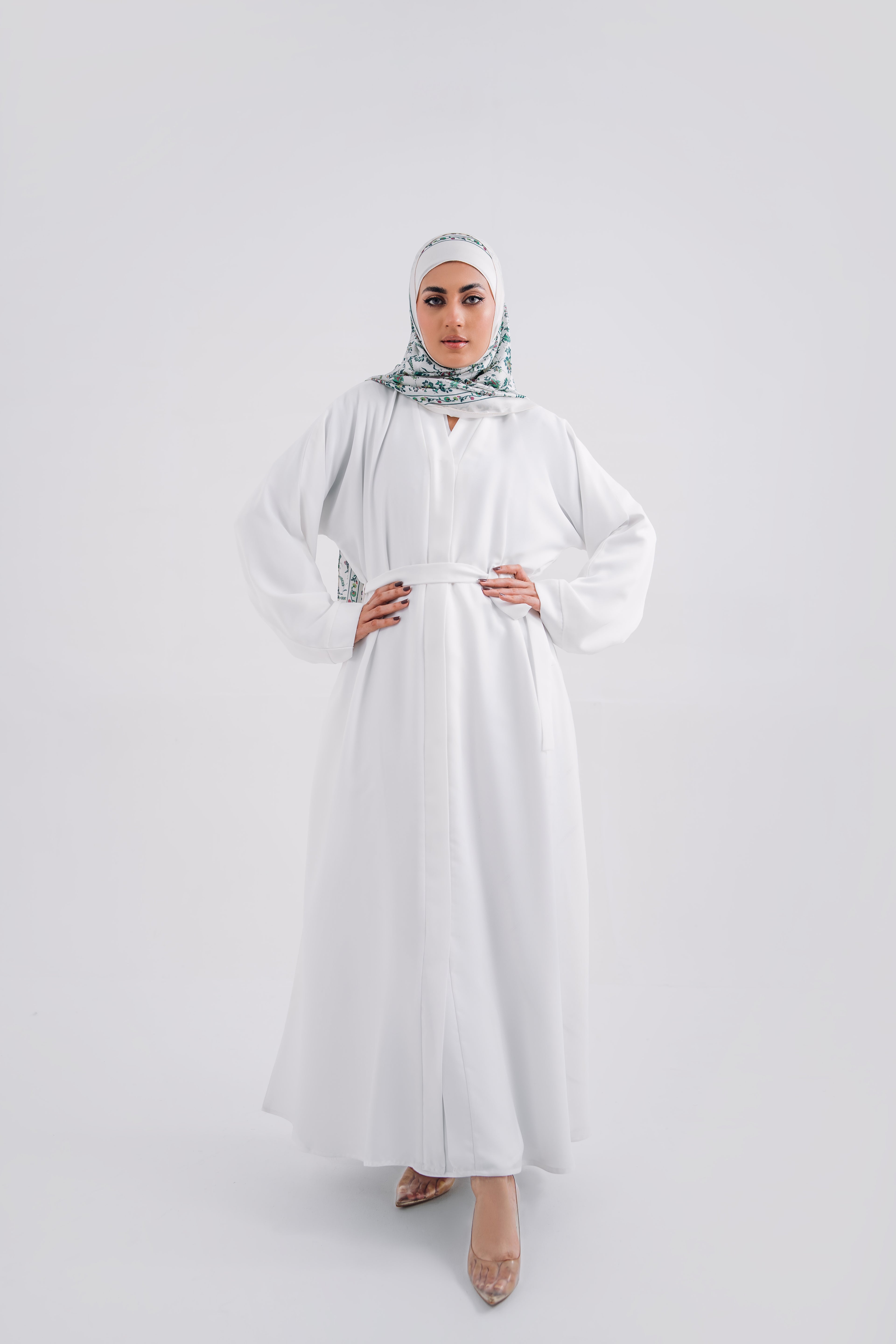 Round Patti White Open Abaya with Belt and Hijab | Elegant Modest Wear | Mastoor by KNJ