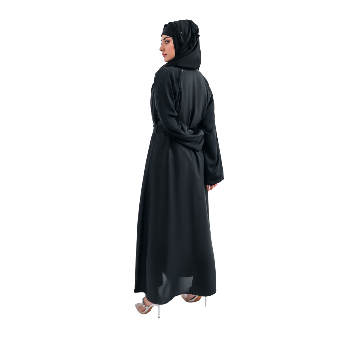 Round Patti Black Open Abaya with Belt and Hijab | Elegant Modest Wear | Mastoor by KNJ