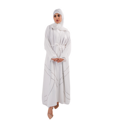 Beeds White Open Abaya with Belt and Chiffon Hijab | Elegant Beaded Detailing | Mastoor by KNJ