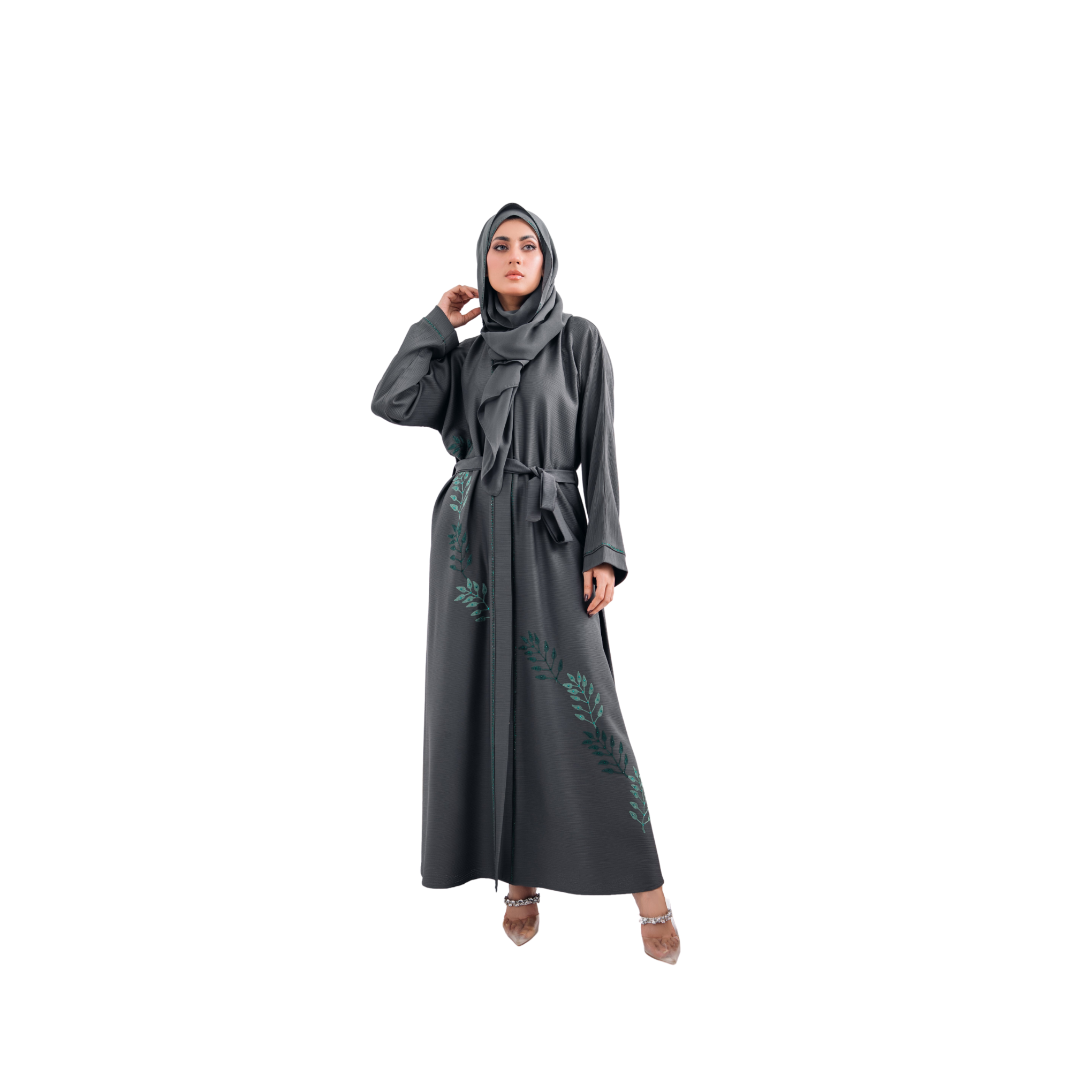 Embroidered Gown Abaya in Gray with Leaf Detailing | Open Style with Belt | Mastoor by KNJ