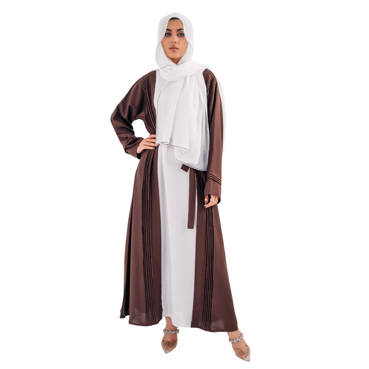 Plated Gown Maxi Abaya with Hijab – White & Brown | Open Style with Belt | Mastoor by KNJ