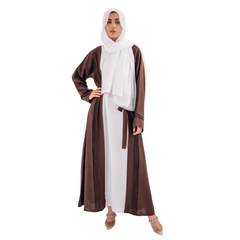 Plated Gown Maxi Abaya with Hijab – White & Brown | Open Style with Belt | Mastoor by KNJ