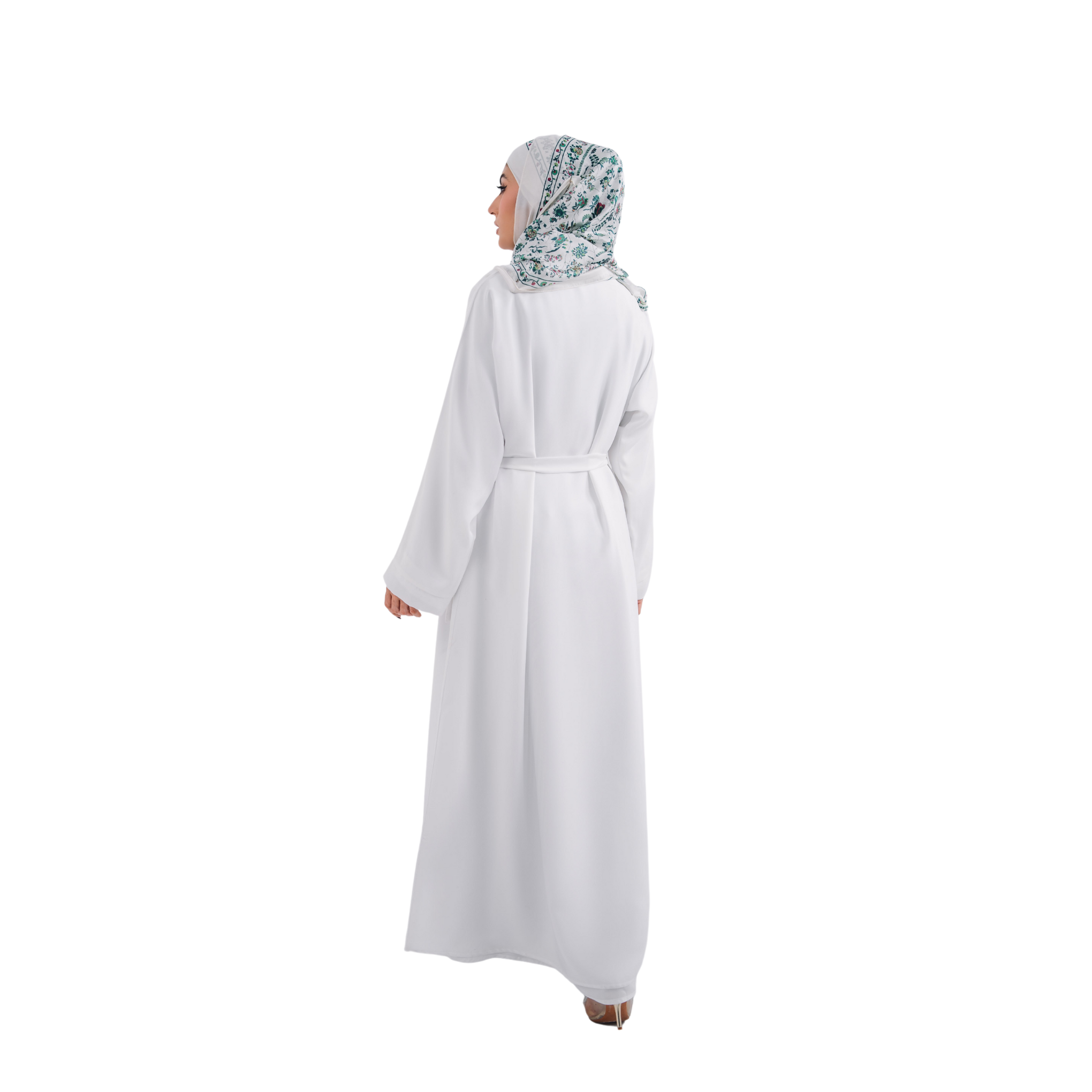 Round Patti White Open Abaya with Belt and Hijab | Elegant Modest Wear | Mastoor by KNJ
