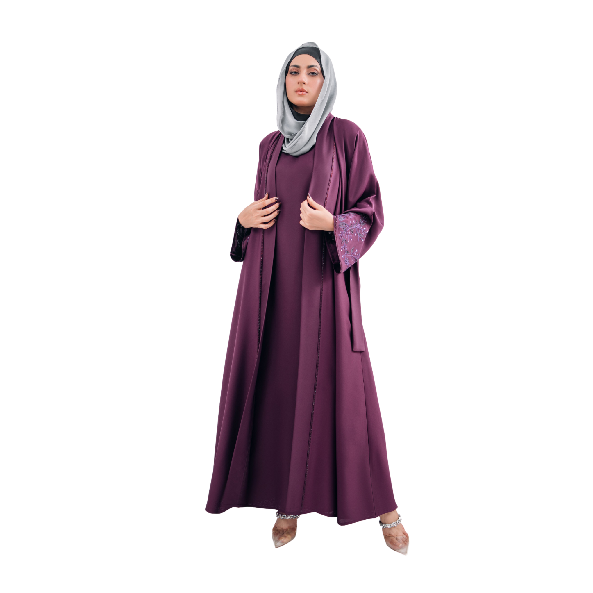 Double Gown Abaya with Hijab – Maroonish | Open Sleeveless Style | Mastoor by KNJ