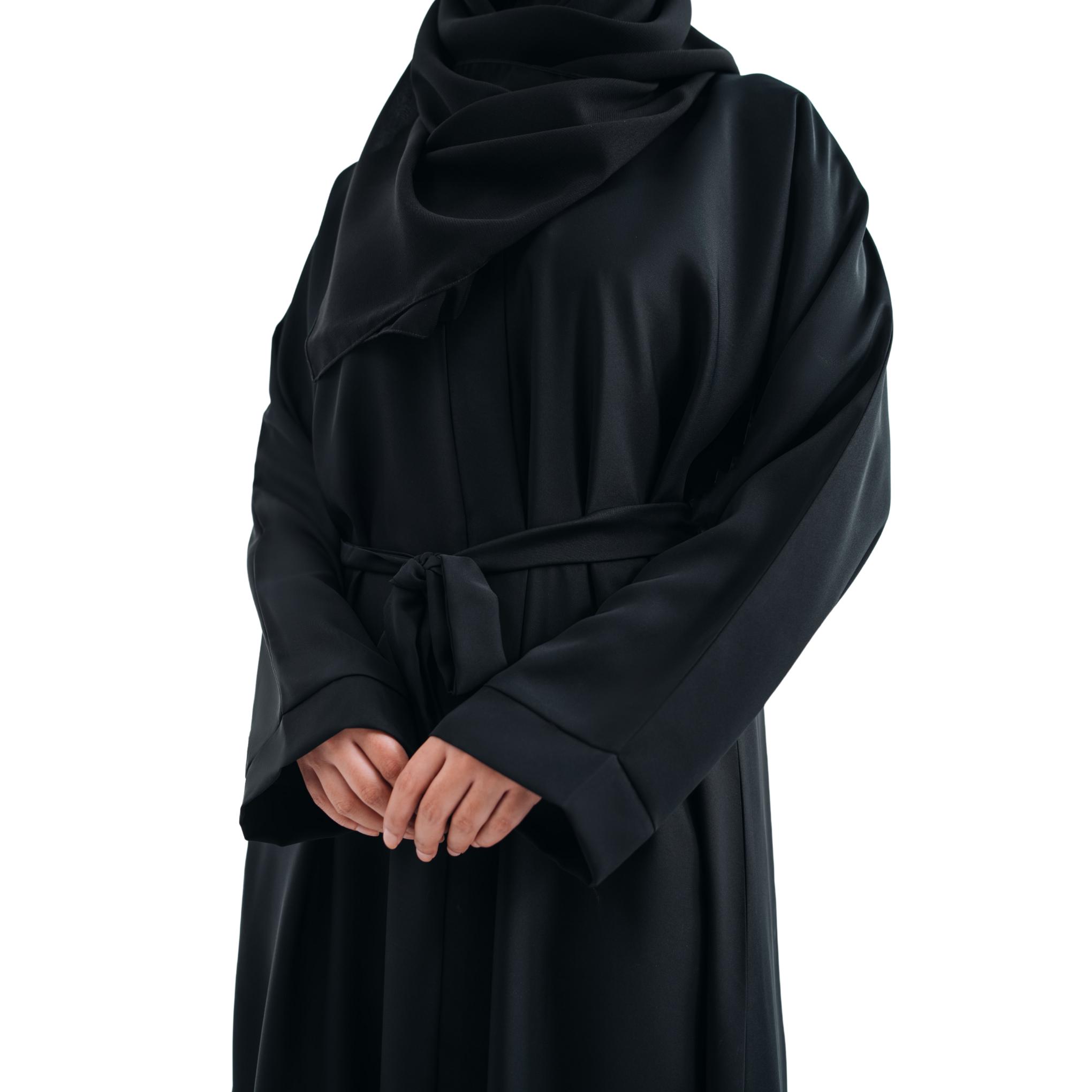Round Patti Black Open Abaya with Belt and Hijab | Elegant Modest Wear | Mastoor by KNJ