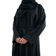 Round Patti Black Open Abaya with Belt and Hijab | Elegant Modest Wear | Mastoor by KNJ