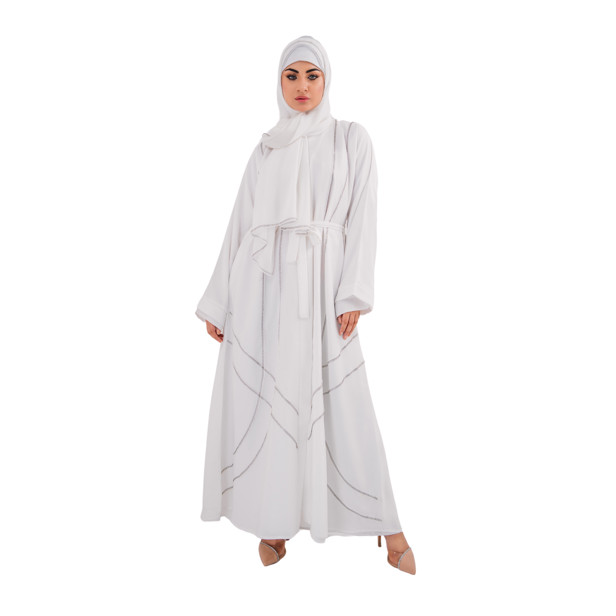 Beeds White Open Abaya with Belt and Chiffon Hijab | Elegant Beaded Detailing | Mastoor by KNJ