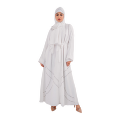 Beeds White Open Abaya with Belt and Chiffon Hijab | Elegant Beaded Detailing | Mastoor by KNJ