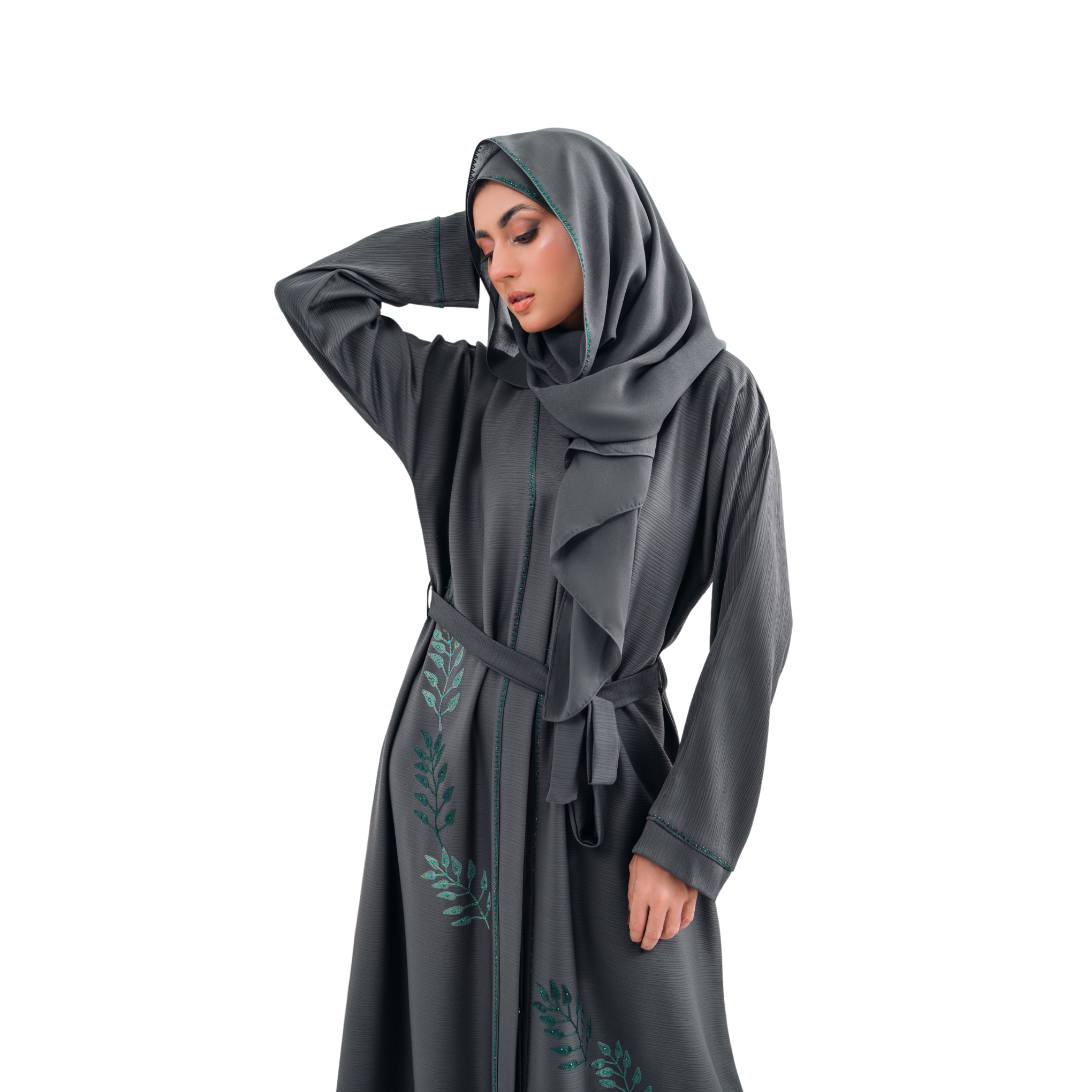 Embroidered Gown Abaya in Gray with Leaf Detailing | Open Style with Belt | Mastoor by KNJ