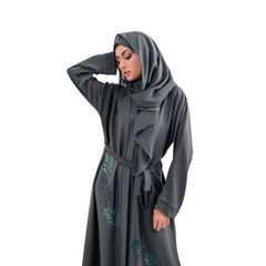 Embroidered Gown Abaya in Gray with Leaf Detailing | Open Style with Belt | Mastoor by KNJ