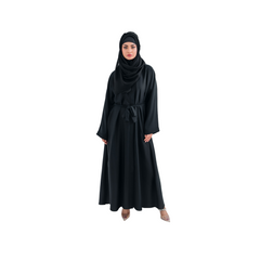 Round Patti Black Open Abaya with Belt and Hijab | Elegant Modest Wear | Mastoor by KNJ