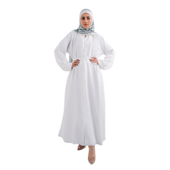 Round Patti White Open Abaya with Belt and Hijab | Elegant Modest Wear | Mastoor by KNJ
