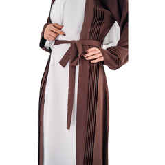 Plated Gown Maxi Abaya with Hijab – White & Brown | Open Style with Belt | Mastoor by KNJ