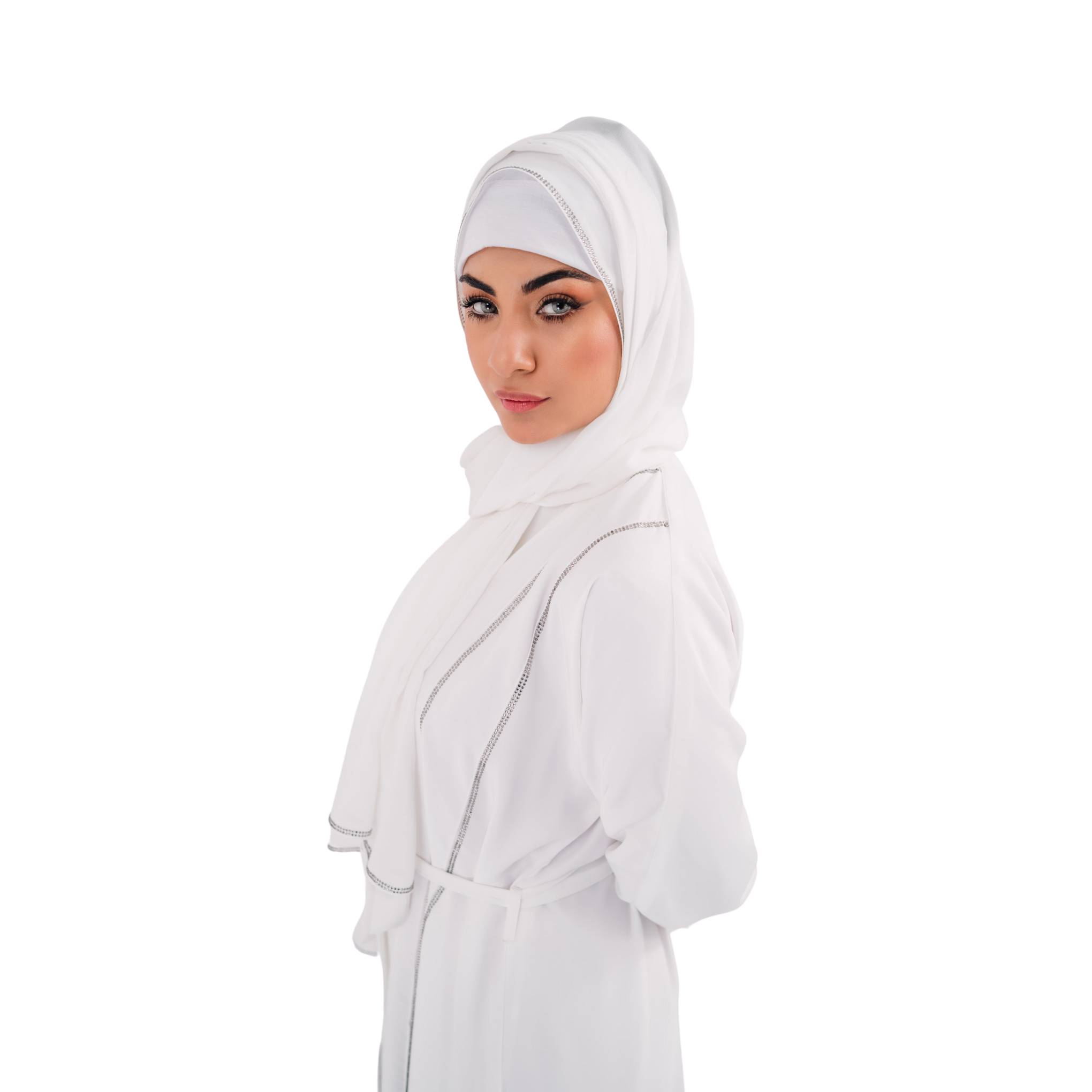 Beeds White Open Abaya with Belt and Chiffon Hijab | Elegant Beaded Detailing | Mastoor by KNJ