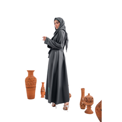 Embroidered Gown Abaya in Gray with Leaf Detailing | Open Style with Belt | Mastoor by KNJ