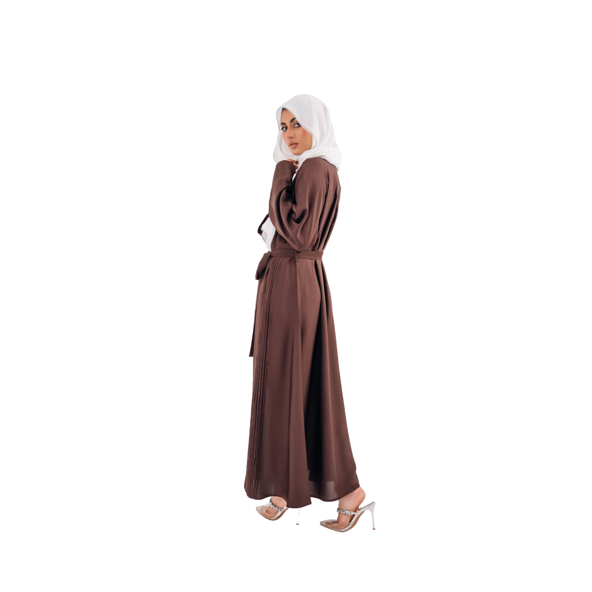 Plated Gown Maxi Abaya with Hijab – White & Brown | Open Style with Belt | Mastoor by KNJ
